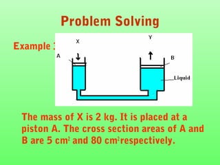 Problem Solving
Example 3:




 The mass of X is 2 kg. It is placed at a
 piston A. The cross section areas of A and
 B are 5 cm2 and 80 cm2 respectively.
 