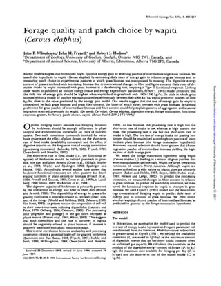 Behavioral Ecology Vol. 6 No. 2: 209-217
Forage quality and patch choice by wapiti
{Cervus elaphus)
John F. Wilmshurst,1
John M. Fryxell," and Robert J. Hudsonb
'Department of Zoology, University of Guelph, Guelph, Ontario NIG 2W1, Canada, and
b
Department of Animal Science, University of Alberta, Edmonton, Alberta T6G 2P5, Canada
Recent models suggest that herbivores might optimize energy gain by selecting patches of intermediate vegetation biomass. We
tested this hypothesis in wapiti (Cervus elaphus) by estimating daily rates of energy gain in relation to grass biomass and by
measuring patch choice in experimental pastures in which grass biomass was manipulated by mowing. The digestible energy
content of grasses declined with increasing biomass due to maturational changes in fiber and lignin content. Daily rates of dry
matter intake by wapiti increased with grass biomass at a decelerating rate, implying a Type II functional response. Linking
these values to published ad libitum energy intake and energy expenditure parameters, Fryxell's (1991) model predicted that
the daily rate of energy gain should be highest when wapiti feed in grasslands with 1000-1100 kg/ha. In trials in which grass
biomass within a mosaic of patches was manipulated experimentally between 800-2900 kg/ha, wapiti preferred patches of 1200
kg/ha, close to the value predicted by the energy gain model. Our results suggest that the rate of energy gain by wapiti is
constrained by both grass biomass and grass fiber content, the latter of which varies inversely with grass biomass. Behavioral
preference for grass patches of intermediate biomass and fiber content could help explain patterns of aggregation and seasonal
migration reported previously for wapiti. Key words: Cervidae, Cervus elaphus, digestible energy, forage maturation, functional
response, grasses, herbivory, patch choice, wapiti. [Behav Ecot 6:209-217 (1995)]
Optimal foraging theory assumes that foraging decisions
by herbivores should be strongly influenced by physi-
ological and environmental constraints on rates of nutrient
uptake. Two such constraints commonly invoked for verte-
brate grazers are the effect of plant density on the short-term
rate of food intake (availability constraint) and the effect of
digestive capacity on the long-term rate of energy assimilation
(processing constraint) (Belovsky, 1978, 1986; Fryxell, 1991;
Owen-Smith and Novellie, 1982).
The short-term rate of food intake (i.e., the functional re-
sponse) of herbivores should be related positively to plant
size, bite size, and plant density (Gross et al., 199Sa,b; Shipley
et al., 1994; Shipley and Spalinger, 1992; Spalinger and
Hobbs, 1992). Accordingly, several studies have shown that
herbivore functional responses are often positive but decel-
erating functions of plant density or biomass (Fryxell et al.,
1994; Fryxell and Doucet, 1993; Gross et al., 1993a,b; Lund-
berg, 1988; Short, 1985; Wickstrom et al., 1984).
The digestive capacity of herbivores is primarily governed
by the interaction of energy and fiber in their diet (Broom
and Arnold, 1986). The digestibility of energy in grasses for
grazing ruminants is inversely related to cell wall (fiber) con-
tent of the forage (Mould and Robbins, 1982; Osbourn, 1989;
Van Soest, 1982). As grasses mature the proportion of cell wall
in their tissues increases, reducing digestibility (Laycock and
Price, 1970; Oelberg, 1956; Osbourn, 1989). The processing
time (digestion and passage) in the gut often increases as
plants mature (Blaxter et al., 1961; White, 1983). This suggests
that both digestibility and the rate of turnover of ingesta
should be negatively related to plant biomass, if biomass is
positively associated with plant maturation stage.
This inverse correlation between availability and processing
constraints creates a potential trade-off for grazing herbivores
(Demment and Van Soest, 1985; Fryxell, 1991; Hobbs and
Swift, 1988; McNaughton, 1984; Owen-Smith and Novellie,
Received 23 December 1993; revised 16 June 1994; accepted 24
June 1994.
1045-2249/95/S5.00 © 1995 International Society for Behavioral Ecology
1982). At low biomass, the processing rate is high but the
short-term rate of intake is low, whereas at high pasture bio-
mass, the processing rate is low but the short-term rate of
intake is high. The net rate of energy intake for grazing her-
bivores should be maximized accordingly on patches of inter-
mediate plant biomass (the forage maturation hypothesis).
Moreover, natural selection should favor grazers that choose
vegetation patches of intermediate biomass, yielding the high-
est rate of daily energy gain.
We tested the forage maturation hypothesis using wapiti
(Cervus elaphus L.) feeding in a mosaic of grass patches that
were manipulated experimentally. Wapiti are large, gregarious
ruminants of western North America. Although wapiti are
known to feed on a wide variety of plants, they are primarily
grazers (Baker and Hobbs, 1987; Boyce, 1989; Hobbs et al.,
1981; Nelson and Leege, 1982). To predict the processing
constraint, we measured changes in fiber content in relation
to grass biomass. To predict the availability constraint, we mea-
sured the functional response by wapiti to changes in grass
biomass. We used Fryxell's (1991) model and the data on en-
ergy constraints of foraging wapiti to predict daily rates of
energy gain in relation to grass biomass. We then tested
whether wapiti preferred patches of intermediate biomass, as
predicted in general by the forage maturation hypothesis.
METHODS
The model
In this section, we summarize the model used to predict the
net rate of energy intake by wapiti and report parameter val-
ues obtained from the literature. Model structure is described
in greater detail in Fryxell (1991). We defined the availability
constraint (/,, measured in kj/day) as the maximum amount
of digestible energy that an herbivore could consume given
an unlimited gut capacity. We calculated this constraint as the
product of the digestible energy content of forage (Q, in kj/
kg), the maximum time available for foraging per day (T, in
h/day) and the short-term rate of dry matter intake (C, in
kg/h).
atUniversityofManitobaonJanuary11,2011beheco.oxfordjournals.orgDownloadedfrom
 