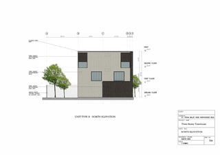 ALUMINIO DARK
GRAY
IBR CEMEN
WEATHERBOARD
DARK GRAY
FIBRE CEMENT
WEATHERBOARD
DARK GRAY
ACRYLIC WHIT
TEXTURE COATING
ON MASONRY WALL
@
6015
® ©
4700 5150
UNIT TYPE B - NORTH ELEVATION
©®®
5oepoq
0
0
ROOF
SECOND FLOOR
�5
FIRST FLOOR
�
GROUND FLOOR
�5
CLIENT
ADDRESS
21, OTEHA VALLEY ROAD NORTHCROSS 0632
PROJECT NAME
Three-Storey Townhouse
SHEET TITLE
NORTH ELEVATION
DESIGNED/ DRAWN DWG NO.
AGATHA MAIA
SCALE
506
1:1000A3
 