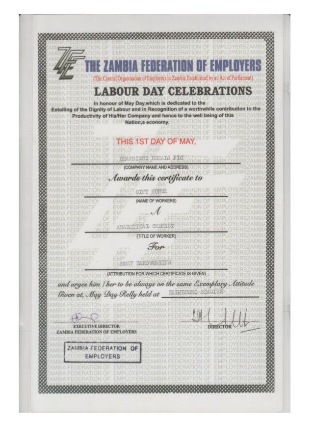 Zambia Federation Of Employers Labour Day Certificate