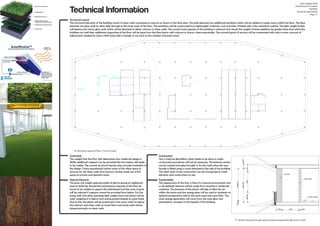 Technical Information
Structural Layout
The structural elements of the building consist of shear walls connected to columns as shown in the floor plan. The pink elements are additional partitions which will be added to create rooms within the floor. The blue
elements are glass walls to allow light through to the inner parts of the floor. The partitions will be constructed from lightweight materials, such as timber, finished with a fire retardant coating. The light weight timber
will balance the heavy glass walls which will be attached to either columns or shear walls. The current load capacity of the building is unknown but should the weight of these additions be greater than that which the
building can hold then additional supporting of the floor will be done from the floor below with columns or frame, where permissible. The current layout of services will be maintained with only a minor amount of
adjustments needed for areas which have had a change of use (such as the canteen and park area).
Constraints
The weight that the floor slab determines how viable the design is.
While additional supports can be provided the floor below still needs
to be usable. The current structural layouts does provide constraints to
the design. I have repositioned certain areas of the office space to
account for the shear walls and columns, having made use of this
space as private and peaceful areas.
Construction
The is minimal demolition which needs to be done so major
construction procedures will not be necessary. The balcony section
can be created and glass brought in for the walls when the new
facade in fitted using a crane attached to the side of the building.
The other parts of the construction can be transported in small
elements and construction on site.
Sustainability
The appearance of the floor is that of a natural environment and
so all aesthetic features will be made from recycled or reclaimed
materials. The presence of the plants will help to filter the air
within the space and low energy glass will be used to maintain an
optimal temperature with in the park area and main floor. The
main energy generation will come from the solar glass and
piezoelectric canopies on the façade of the building.
Natural Elements
The grass will weight approximately 10 kg/m2 giving an additional
load of 3000 kg. Should the load bearing capacity of the floor be
found to be unable to support this distributed load the area of grass
will be reduced if supports cannot be provided from below. For the
living walls and other plantings light weight short root plants will be
used, weighing 6-12 kg/m2 and acting predominately as point loads.
Due to this, the plants will be positioned in the areas which sit above
the columns and shear walls on lower floors and living walls will be
placed primarily on shear walls.
Amy Leggett-Auld
Architecture In Context
Portfolio
Technical Information
Page 12
76. Structural Layout of floor 17 (not to scale)
77. Section through the park space showing proposed facade (not to scale)
1826
2908.99
200500
324.01
627
3023.99
896.99
100
1500
Column
Glass Wall
Grass Carpet
 