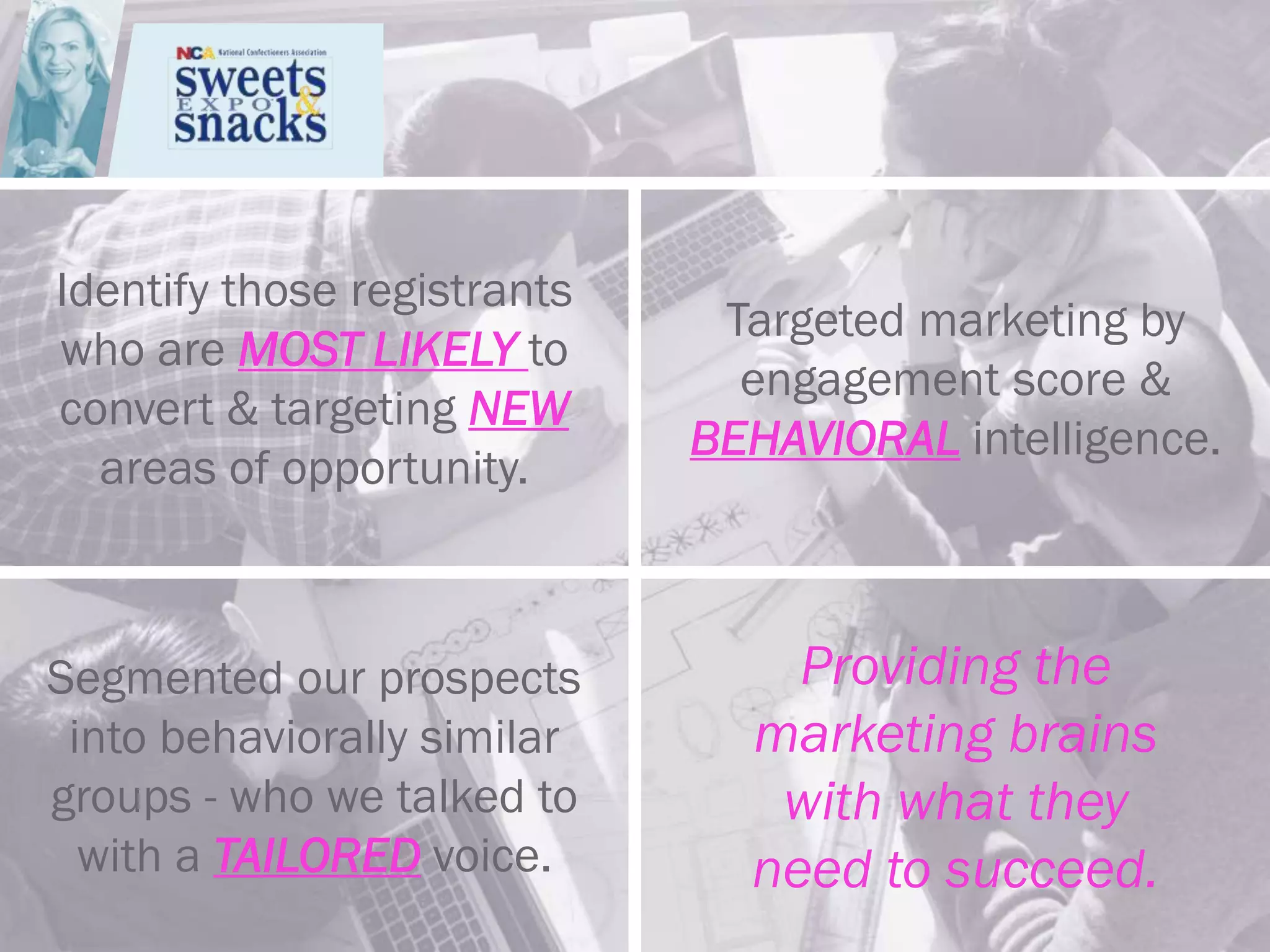 Identify those registrants
who are MOST LIKELY to
convert & targeting NEW
areas of opportunity.
Targeted marketing by
engagement score &
BEHAVIORAL intelligence.
Segmented our prospects
into behaviorally similar
groups - who we talked to
with a TAILORED voice.
Providing the
marketing brains
with what they
need to succeed.
 