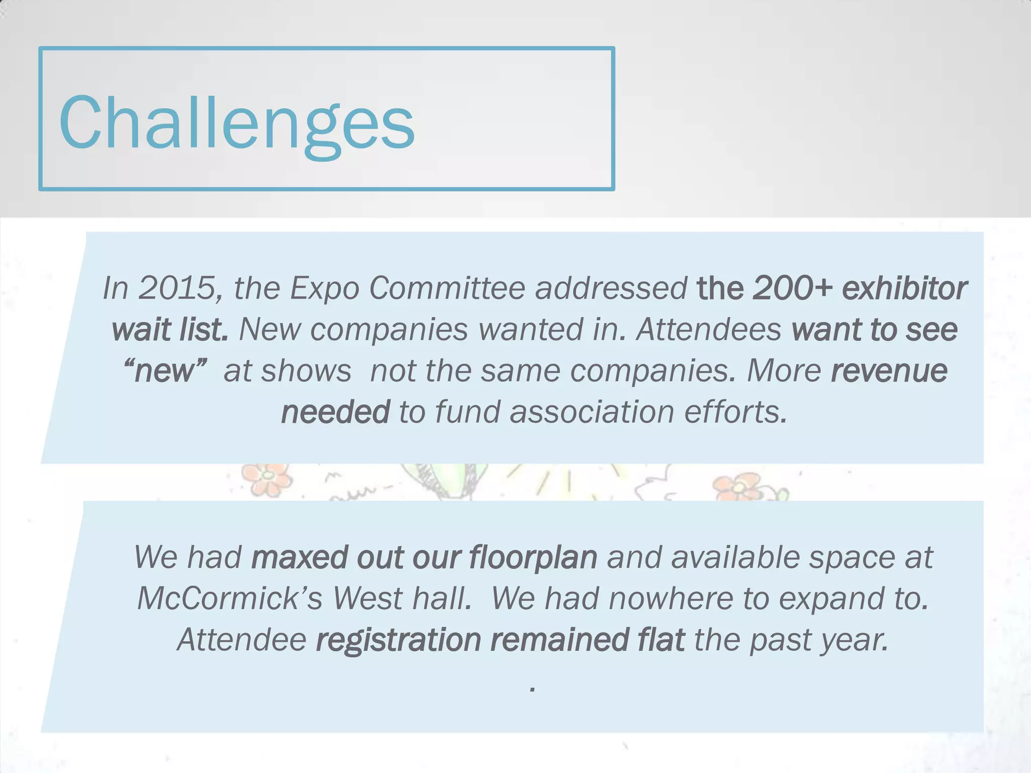 In 2015, the Expo Committee addressed the 200+ exhibitor
wait list. New companies wanted in. Attendees want to see
“new” at shows not the same companies. More revenue
needed to fund association efforts.
We had maxed out our floorplan and available space at
McCormick’s West hall. We had nowhere to expand to.
Attendee registration remained flat the past year.
.
Challenges
 
