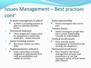 Issues Management – Best practises
cont’
1. Is issues managment in place?
 Is there a scanning process in
place to identify possible
issues
1. Structural Indicator
 Once diagnosed, issues must
be assigned to a particular
employee – issues steward
1. Issues tracking system
 See issues matrix on other
slide
1. Implementation indicator
 Issue ownership is clearly
assigned at operational level
with accountability and
visible in reviews
1. Issues sponsorship
 Senior managers take active
part
1. Trustee duties
 Senior managers accept they
have a trust relationship
towards its stakeholders
1. Vertical involvement
 How actively issues
managment is involved in the
strategy development
1. Horizontal involvment
 How broad is the issues
management process and
awareness e.g. are line
managers aware of how issues
affect them?
 
