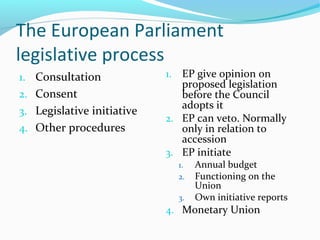 The European Parliament
legislative process
1. Consultation
2. Consent
3. Legislative initiative
4. Other procedures
1. EP give opinion on
proposed legislation
before the Council
adopts it
2. EP can veto. Normally
only in relation to
accession
3. EP initiate
1. Annual budget
2. Functioning on the
Union
3. Own initiative reports
4. Monetary Union
 