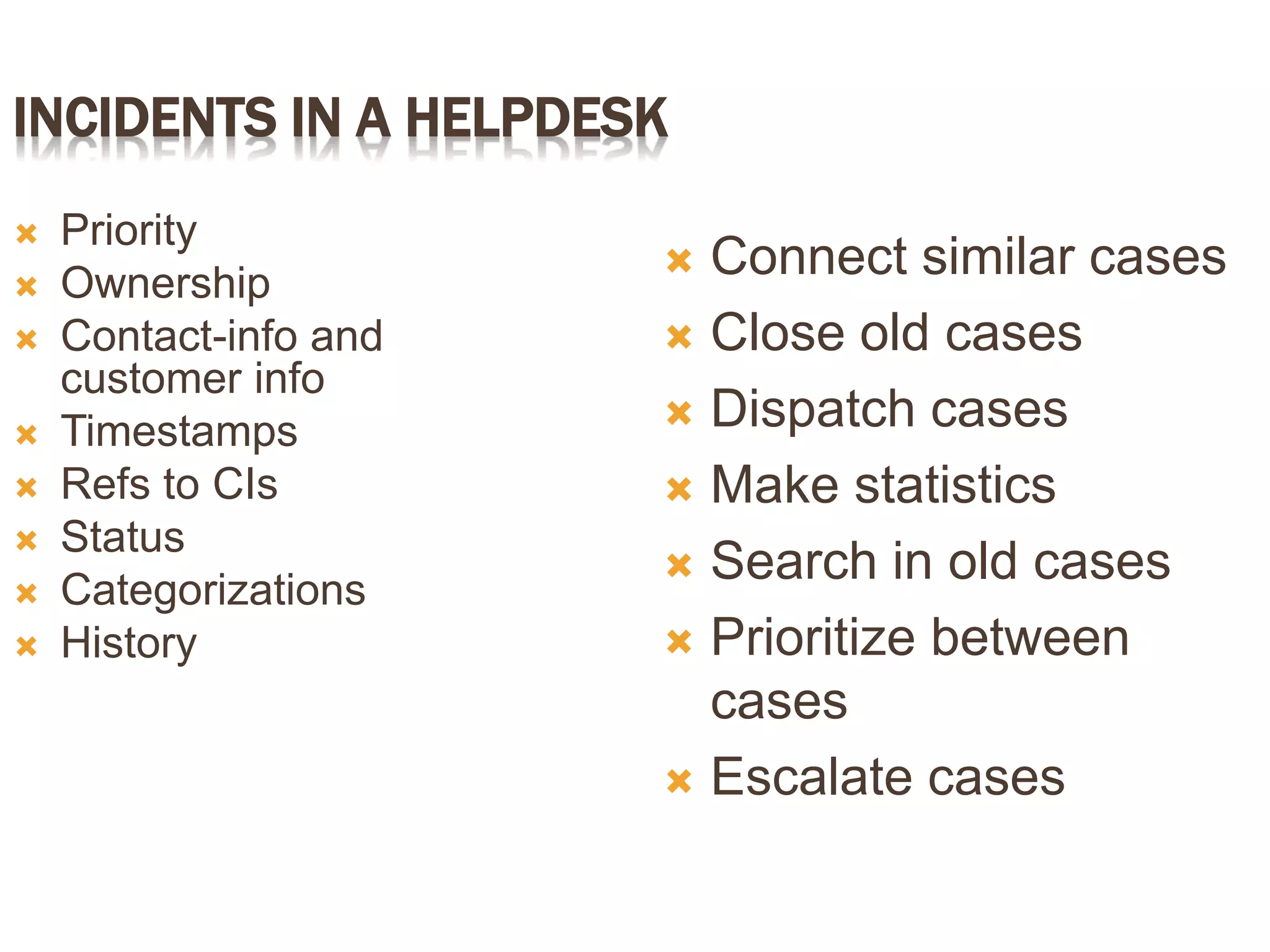 INCIDENTS IN A HELPDESK
 Priority
 Ownership
 Contact-info and
customer info
 Timestamps
 Refs to CIs
 Status
 Categorizations
 History
 Connect similar cases
 Close old cases
 Dispatch cases
 Make statistics
 Search in old cases
 Prioritize between
cases
 Escalate cases
 
