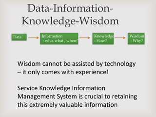 Data-Information-
Knowledge-Wisdom
Data Information
- who, what , where?
Knowledge
- How?
Wisdom
- Why?
Wisdom cannot be assisted by technology
– it only comes with experience!
Service Knowledge Information
Management System is crucial to retaining
this extremely valuable information
 
