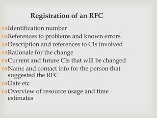 Registration of an RFC
Identification number
References to problems and known errors
Description and references to CIs involved
Rationale for the change
Current and future CIs that will be changed
Name and contact info for the person that
suggested the RFC
Date etc
Overview of resource usage and time
estimates
 