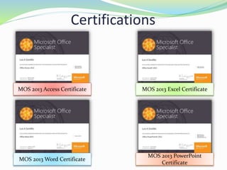Certifications
MOS 2013 Access Certificate
MOS 2013 PowerPoint
Certificate
MOS 2013 Word Certificate
MOS 2013 Excel Certificate
 