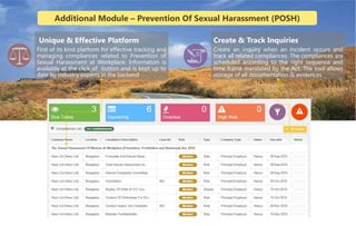 SCTPRO34 V5
Additional Module – Prevention Of Sexual Harassment (POSH)
First of its kind platform for effective tracking and
managing compliances related to Prevention of
Sexual Harassment at Workplace. Information is
available at the click of button and is kept up to
date by industry experts in the backend
Unique & Effective Platform
Create an inquiry when an incident occurs and
track all related compliances. The compliances are
scheduled according to the right sequence and
time frame mandated by the Act. The tool allows
storage of all documentation & evidences
Create & Track Inquiries
 