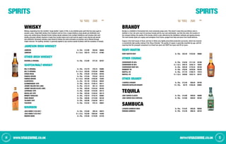 1514 info@vivaswine.co.ukWWW.vivaswine.co.uk
SPiRiTS SPiRiTS
NO. IN
Case
PER BOTTLE
ex-VAT (£)
PER Case
ex-VAT (£)
Code NO. IN
Case
PER BOTTLE
ex-VAT (£)
PER Case
ex-VAT (£)
Code
Whisky
Whisky, originating from the Scottish “uisge beatha” (water of life), is any distilled grain spirit that has been aged in
wooden casks. Single Malt whisky from Scotland must be from a single distillery using double pot distillation and
using only malted barley; Blended Scotch whisky blends whiskies from multiple distilleries and includes both malt
whisky and grain whisky; bourbon is made from mostly maize (corn) and must be aged in new charred oak barrels
and unfiltered; Tennessee whiskey (Jack Daniel’s) follows the same principles as bourbon, but is filtered through
maple charcoal. The spelling ‘whiskey’ is generally applied to any country outside Scotland, with the exception of Canada.
Jameson irish whiskey
Jameson 6 x 70cl £13.99 £83.94 46656
Jameson 6 x 1.5ltr £29.19 £175.14 07364
other irish whiskey
Bushmills Original 6 x 70cl £12.89 £77.34 50107
Scotch/Malt Whisky
Bell's Original 6 x 70cl £12.79 £76.74 05865
Bell's Original 6 x 1.5ltr £25.99 £155.94 36858
Chivas Regal 6 x 70cl £19.49 £116.94 50104
Famous Grouse 6 x 70cl £12.59 £75.54 25133
Famous Grouse 6 x 1.5ltr £25.99 £155.94 16354
Glenfiddich 6 x 70cl £21.39 £128.34 00532
Glenmorangie 10yr 6 x 70cl £23.19 £139.14 50111
Johnny Walker Red Label 6 x 70cl £15.19 £91.14 50103
Johnny Walker Black Label 6 x 70cl £20.59 £123.54 50105
Laphroaig 10yr 6 x 70cl £23.99 £143.94 50112
Macallan 10yr 6 x 70cl £22.59 £135.54 50114
Monkey Shoulder 6 x 70cl £19.79 £118.74 82063
Oban Whisky 6 x 70cl £28.99 £173.94 50138
Talisker 10yr 6 x 70cl £25.99 £155.94 50117
Teachers 6 x 70cl £12.52 £75.12 26837
Bourbon
Jack Daniel's Old No.7 6 x 70cl £15.89 £95.34 40573
Jack Daniel's Old No.7 6 x 1.5ltr £33.99 £203.94 16350
Makers Mark 6 x 70cl £19.49 £116.94 81418
Brandy
Brandy is a distillate of fermented fruit, most commonly grape wine. This doesn’t mean that any leftover wine is
distilled; in fact, the wine used for premium brandy will be sour and undrinkable. Just like fine wine, the location of
the vineyard defines the quality of the brandy, which is also affected by the distillation methods and ageing process.
The main brandy styles are cognac and armagnac from France, grappa from Italy and pisco from South America.
Cognac is the best known of these, and has to follow very tightly prescribed production processes, which has ensured
a consistently high quality, making it the ‘King of Brandy’. The quality of cognac is generally classified by age, with VS
requiring that the youngest component is at least two years old, VSOP four years and XO six years.
Remy Martin
Remy Martin VSOP 6 x 70cl £25.49 £152.94 46660
other Cognac
Courvoisier VS 40% 6 x 70cl £18.59 £111.54 25189
Courvoisier VS 40% 6 x 1.5ltr £39.19 £235.14 16353
Courvoisier VSOP 40% 6 x 70cl £28.39 £170.34 50158
Hennesey XO 6 x 70cl £79.49 £476.94 50159
Martell VS 6 x 70cl £17.79 £106.74 73310
Martell VS 6 x 1.5ltr £38.69 £232.14 50157
other brandy
3 Barrels Brandy 6 x 70cl £13.49 £80.94 50156
Dubaron Napoleon Brandy 12 x 70cl £8.79 £105.48 04802
Tequila
Jose Cuervo Clasico 6 x 70cl £14.99 £89.94 50098
Jose Cuervo Gold Especial 6 x 70cl £14.99 £89.94 50100
Sambuca
Luxardo Sambuca Nera 6 x 70cl £14.25 £85.50 82036
Romana Sambuca 6 x 70cl £14.39 £86.34 50143
 