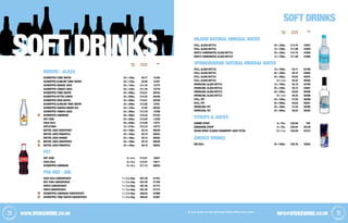 2120 info@vivaswine.co.ukWWW.vivaswine.co.uk
Soft Drinks Soft Drinks
REGION
NO. IN
Case
PER BOTTLE
ex-VAT (£)
PER Case
ex-VAT (£)
Code
All glass bottles are Non Returnable Bottles (NRB) unless stated
NO. IN
Case
PER Case
ex-VAT (£)
Code
NO. IN
Case
PER Case
ex-VAT (£)
Code
Mixers - glass
Schweppes Tonic Water 24 x 125ml £9.77 12760
Schweppes Slimline Tonic Water 24 x 125ml £9.50 12767
Schweppes Orange Juice 24 x 125ml £11.44 12772
Schweppes Tomato Juice 24 x 125ml £11.44 12779
Schweppes Tonic Water 24 x 200ml £15.81 09165
Schweppes Bitter lemon 24 x 200ml £15.52 09168
Schweppes Soda Water 24 x 200ml £15.81 09169
Schweppes Slimline Tonic Water 24 x 200ml £12.90 12781
SCHWEPPES CANADA GINGER ALE 24 x 125ml £7.82 80182
Schweppes Tomato Juice 24 x 200ml £13.78 12798
Schweppes Lemonade 24 x 200ml £10.44 87410
Diet Coke 24 x 200ml £14.00 13700
Coca Cola 24 x 200ml £14.00 13737
Appletiser 12 x 275ml £12.33 16773
BRITVIC JUICE GRAPEFRUIT 24 x 160ml £9.19 89249
BRITVIC JUICE PINEAPPLE 24 x 160ml £9.19 89254
BRITVIC JUICE ORANGE 24 x 160ml £9.19 89250
BRITVIC JUICE GRAPEFRUIT 24 x 160ml £9.19 89249
BRITVIC JUICE PINEAPPLE 24 x 160ml £9.19 89254
PET
Diet Coke 6 x 2ltr £14.91 15647
Coca Cola 6 x 2ltr £14.91 18411
Schweppes Lemonade 6 x 2ltr £11.12 06530
Pre-mix - BIB
Coca Cola Concentrate 1 x 7ltr Bag £67.49 01753
Diet Coke Concentrate 1 x 7ltr Bag £67.49 01756
Sprite Concentrate 1 x 7ltr Bag £67.49 01773
Fanta Concentrate 1 x 7ltr Bag £67.49 01774
Schweppes lemonade Concentrate 1 x 7ltr Bag £66.83 91898
Schweppes Tonic water Concentrate 1 x 7ltr Bag £66.84 91897
HILDON NATURAL MINERAL Water
Still, Glass BOTTLE 24 x 330ml £14.75 47657
Still, Glass BOTTLE 12 x 750ml £11.89 47659
Gently Carbonated, Glass BOTTLE 24 x 330ml £14.75 47658
Gently Carbonated, Glass BOTTLE 12 x 750ml £11.89 47660
SPRINGBOURNE NATURAL MINERAL Water
Still, Glass bottle 12 x 750ml £8.17 03798
Still, Glass bottle 24 x 330ml £8.72 03805
Still, Glass bottle 24 x 250ml £8.64 56297
Still, Glass bottle 12 x 1ltr £9.42 56295
Sparkling, Glass bottle 12 x 750ml £8.18 03799
Sparkling, Glass bottle 24 x 330ml £8.73 03807
Sparkling, Glass bottle 24 x 250ml £8.64 56298
Sparkling, Glass bottle 12 x 1ltr £9.42 56296
Still, PET 24 x 330ml £7.04 56288
Still, PET 24 x 500ml £8.63 56291
Sparkling, PET 24 x 330ml £7.04 56290
Sparkling, PET 24 x 500ml £8.63 56292
SYRUPS  JUICES
GOMME SYRUP 6 x 70cl £20.94 TBC
Grenadine Syrup 6 x 70cl £20.94 50148
Ocean Spray Classic Cranberry Juice Tetra 12 x 1ltr £20.50 57531
ENERGY DRINKS
RED BULL 24 x 250ml £20.76 38304
SOFT DRINKS
 