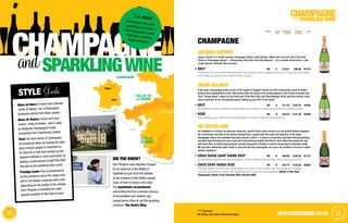 23info@vivaswine.co.uk
SPARKLINGWINE
ChampaGneand
	 Screwcap
All bottles 75cl unless otherwise stated22
Lorem ipsum dolorsit amet, consecteturadipiscing elit. In eteuismod massa.Aenean
ut tempor nunc.
SPARKLINGWINEand
DID YOU KNOW?
Dom Pérignon was originally charged
by his superiors at the Abbey of
Hautvillers to get rid of the bubbles
as the pressure in the bottles caused
many of them to burst in the cellar.
The mysterious circumstance
surrounding the then unknown process
of fermentation and carbonic gas
caused some critics to call the sparkling
creations “The Devil's Wine”.
style Guide
Blanc de Noirs A French term (literally
“white of blacks”) for a Champagne
produced entirely from black grapes.
Blanc de Blancs French term that
means “white of whites”, and is used
to designate Champagnes made
exclusively from Chardonnay grapes.
Rosé The Rosé wines of Champagne
are produced either by leaving the clear
juice of black grapes to macerate on
its skins for a brief time (known as the
saigneé method) or, more commonly, by
adding a small amount of still Pinot Noir
red wine to the sparkling wine cuvée.
Prestige Cuvée This is considered to
be the producers top of the range wine
and is not always produced every year
depending on the quality of the vintage.
Dom Pérignon is probably the most
popular example of this style of wine.
VINTAGE NO. IN
Case
PER BOTTLE
ex-VAT (£)
PER Case
ex-VAT (£)
Code
JACQUES CARTIER
Jaques Cartier is a classic pouring champagne which really delivers. Made from an even mix of the Holy
Trinity of Champagne grapes – Chardonnay, Pinot Noir and Pinot Meunier – it’s a reliable blend that’s a real
crowd-pleaser whatever the occasion.
Brut NV 6 £16.01 £96.06 81774
Produced by the Laurent Perrier winemaking team, this wine has a serious pedigree for the price. A toasty nose, good weight
on the palate and gorgeous green apple and lemon flavours.
VEUVE DELAROY
A top value Champagne made by one of the regions’s biggest houses but still carrying the name of widow
Delaroy who established it in the 19th century after the death of her artist husband in the Franco-Prussian war.
Their “House blend” majors on the Pinot pair (Pinot Noir 40% and Pinot Meunier 40%) with the heavier, more
citrus character of the Chardonnay grape making up just 20% of the blend.
Brut NV 6 £17.22 £103.32 30185
Veuve Delaroy is a fresh and delicate Champagne with hints of strawberry, a squeeze of citrus and some nutty almond notes.
Rosé NV 6 £20.32 £121.92 30186
Wild strawberries, juicy redcurrants and toasted hazelnuts combine to create this cracking pink fizz.
DE CASTELLANE
De Castellane is a family-run business owned by Laurent Perrier, which seems to us the perfect balance between
the consistency and style of the family management, coupled with the scale and expertise of the larger
Champagne House. De Castellane has been around a while; 115 years to be precise, and their striking buildings
and 66m high bell tower are very much part of the Epernay skyline. But there’s more there than meets the eye,
with some 6km of cellars lying beneath, housing thousands of bottles in perfect temperature-controlled safety.
We love their distinctive label, which is adorned with the unmissable red cross, the emblem of France’s oldest
military regiment.
Croix Rouge Saint Andre Brut NV 6 £20.05 £120.30 81773
An easy-drinking style with great poise and balance. Delicate, clean and crisp fruit with a touch of biscuit on the finish.
CROIX SAINT ROUGE Rosé NV 6 £23.77 £142.62 92530
This award winning Brut Rosé has a delicate salmon pink colour, a fruity and floral nose and a palate with complexity,
roundness and freshness combining the delightful flavours of stewed and wild strawberries. Winner of the Rosé
Champagne Trophy at the Decanter Wine Awards 2009.
ChampaGne
FoodieFACTS
Champagne’s not just foraperitifs but can make amatch throughout a meal.Think about matching
weight and acidity. CHAMPAGNE
 