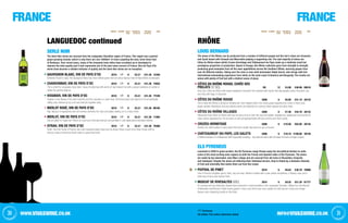 FRANCE
30 WWW.vivaswine.co.uk
VINTAGE CLOSURE NO. IN
Case
PER BOTTLE
ex-VAT (£)
PER Case
ex-VAT (£)
Code
	 Screwcap
All bottles 75cl unless otherwise stated
FRANCE
31info@vivaswine.co.uk
VINTAGE CLOSURE NO. IN
Case
PER BOTTLE
ex-VAT (£)
PER Case
ex-VAT (£)
Code
SERLE NOIR
The Serle Noir wines are sourced from the Languedoc-Rousillon region of France. This region has a perfect
grape-growing climate, which is why there are over 3000km2
of vines carpeting the area, three times that
of Bordeaux. Over recent years, many of the vineyards have either been scrubbed up or developed to
improve the wine quality and it now represents one of the best value corners of France. Vins de Pays d’Oc
wines have become a reliable indicator of quality and the Serle Noir wines are no exception.
Sauvignon Blanc, Vin de Pays d’Oc 2010 6 £5.21 £31.26 12356
Distinctly French in style, this Sauvignon Blanc has more refined green fruit and citrus flavours than its New World counterparts.
Chardonnay, Vin de Pays d’Oc 2010 6 £5.21 £31.26 73822
This is what the Languedoc does best. Classy Chardonnay with plenty of ripe tropical fruit with a proper backbone of acidity to
deliver the perfect balance.
Viognier, Vin de Pays d’Oc 2010 6 £5.21 £31.26 77248
Viognier is the darling of the wine fraternity and this example is a class drop. Perfumed peach and apricot is its unmistakable
calling card, backed up by a rich and well put-together body.
Merlot Rosé, Vin de Pays d’Oc 2010 6 £5.21 £31.26 96185
Ripe flavours of raspberries and red cherries dominate the nose and palate leading on to a clean finish.
Merlot, Vin de Pays d’Oc 2010 6 £5.21 £31.26 11084
Like an instant St.Tropez tan! There’s so much sun in this wine that you can just taste it. Lush sweet plums and black cherries.
Syrah, Vin de Pays d’Oc 2010 6 £5.21 £31.26 79380
Syrah, from the South of France, has more restrained black fruits than its showy Shiraz cousin from Down Under, with its
savoury notes of provence herbs make it a great food wine.
Rhône
LOUIS BERNARD
The wines of the Rhône can be produced from a number of different grapes but the lion’s share are Grenache
and Syrah based with Cinsault and Mourvèdre playing a supporting role. The vast majority of wines are
Côtes du Rhône wines whilst Crozes-Hermitage and Châteauneuf-du-Pape make up a relatively small but
prestigious proportion of production. Based in Orange, this Rhône collective goes from strength to strength,
producing good examples from all the main appellations across the Southern Rhône, sourcing grapes from
over 40 different estates. Taking over the reins is new chief winemaker Ralph Garcin, who brings with him
international winemaking experience from stints on the west coast of America and Burgundy. The results are
wines with plenty of fruit but with a distinct sense of place.
Côtes du Rhône Rouge, Cuvée des
Prelats 37.5cl NV 12 £4.08 £48.96 09510
Soft, juicy Côtes du Rhône with classic strawberry Grenache fruit matched with Syrah's tell-tale peppery spice. Rounded, ripe
and fruity with bags of character.
Côtes du Rhône Rouge 2006 6 £6.85 £41.10 30132
This is what the Rhône is all about, showing the more elegant side to the Syrah grape supported by a host of other local
grape varieties. Blackberry and juicy blackcurrants are balanced by a savoury black pepper and spice layer.
Côtes du Rhône Villages 2006 6 £7.46 £44.76 30133
Fabulously fruity Côtes du Rhône with ripe red berry fruit on both the nose and palate: strawberries, raspberries and cherries all
make cameo appearances. The structure is soft and approachable with juicy tannins and fresh acidity.
Crozes-Hermitage 2006 6 £10.50 £63.00 30135
Sinfully rich, with bundles of spicy black fruit and a length that seems to go on forever.
Châteauneuf-du-Pape, Les Galets 2006 6 £18.10 £108.60 30140
A brilliant example of a Châteauneuf with impeccable breeding – big, bold and spicy with rich black fruit and a smidge of spice.
ELS PYRENEUS
Launched in 2008 to great acclaim, the Els Pyreneus range throws away the old political borders to unite
some of the most exciting wine regions on both the French and Spanish sides of the Pyrenees. The wines
are made by top winemaker Jean Marc Lafage and are sourced from old vines in Roussillon, Emporda
and Calatayud. Despite the wines all reflecting their individual terroirs, they’re linked by a fantastic intensity
of fruit and minerality that marks them out from the crowd.
Picpoul de Pinet 2010 6 £6.63 £39.78 70090
One of France’s forgotten gems, fresh, racy and lean. Medium-bodied with a pale yellow complexion, a flowery nose, and a
solid slug of citrus and tropical fruits.
Muscat de Rivesaltes 50cl 2010 6 £8.55 £51.30 81777
An unusual and very distinctive dessert wine produced in small quantities in the Languedoc-Rousillon. Made from the Muscat
d’Alexandrie and Muscat à Petits Grains grapes, it has a very floral nose and a palate rich with apricot, honey and orange
flavours and a balancing acidity on the finish.
Languedoc continued
 