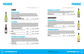 FRANCE FRANCE
3534 info@vivaswine.co.ukWWW.vivaswine.co.uk
VINTAGE CLOSURE NO. IN
Case
PER BOTTLE
ex-VAT (£)
PER Case
ex-VAT (£)
Code VINTAGE CLOSURE NO. IN
Case
PER BOTTLE
ex-VAT (£)
PER Case
ex-VAT (£)
Code
	 Screwcap
All bottles 75cl unless otherwise stated
DOMAINE DE LA CHEZATTE
A family-run operation that produces traditional, classically-styled Sancerre. No matter how hard you hunt,
you’ll not find any new oak barrels or fancy winemaking techniques here. The wines speak clearly of the
grapes and region: pure, fresh and clean, with Sancerre’s characteristic racy acidity.
Sancerre Blanc 2009/10 6 £11.19 £67.14 98360
A powerfully perfumed wine with intense notes of asparagus, lemon and grapefruit and a finish that just keeps on going.
Burgundy
LOUIS CHEDeVILLE
Louis Chedeville is made by one of the oldest, and most prestigious negociants in Burgundy, Bouchard Aine
et Fils, who have an enviable portfolio of vineyards from which to source their grapes. Head winemaker
Laurent Mairet crafts modern wines, which are designed to be extremely approachable almost immediately,
rather than needing to stash them away for a decade or two before drinking. A 21st century Burgundy from
a company with 18th century roots.
Mâcon Villages 2009 6 £7.86 £47.16 88102
Mâcon is one of the few regions of Burgundy that can produce fantastic wines at reasonable prices.This beauty looks posh
and tastes posh and is dripping with crisp green apple flavours and a squeeze of lemon.
FRANCOISE CHAUVENET
For such a relatively small appellation, Chablis’s reputation is practically unrivalled in terms of great white
wines and it’s not hard to see why. The combination of crisp green fruit, citrus and that “mineral” quality
cannot be replicated anywhere in the world with such success. This “mineral” character is often referred to
in many of France’s classic white wines but it proves incredibly hard to articulate except to say that it is the
steely cold character which sits behind the fruit.
Chablis 2009 6 £9.82 £58.92 30152
A good quality Chablis from the boys at Bouchard. Golden Delicious, honey dew melon and a limey streak running through it.
Loire
Cuvée DES DUCS
Muscadet has suffered unfairly in recent years, the baby thrown out with the bathwater as the trendy
90s rejected everything that had gone before. Chereau-Carre, who produces Cuvée des Ducs, is one of
a number who are rebuilding the area’s reputation with a quality-driven approach that’s paying dividends.
The Chereau-Carre wines are classic Muscadets; dry and light with a fresh bite of lemon and just a hint of
richness from the sur lie ageing.
Muscadet Sevre et Maine,
Ducs de Bretagne Chereau Carre 2010 6 £6.33 £37.98 85208
A gem of a Muscadet with the characteristic green apple and citrus pair joined by grapefruit and lime. A real steal.
LES NUAGES
Such was the success of the Les Nuages Sauvignon Blanc we introduced last year that we have decided to
add the Pinot Noir and Rosé to the range as well. These wines showcase what the Loire can really do when
you look beyond Muscadet, Sancerre and Pouily Fumé. Their primary grapes are Sauvignon Blanc and Pinot
Noir which they’ve been growing for centuries, long before the rest of us cottoned on to what fantastic wines
they can produce. These wines are less fruit-driven than their southern hemisphere cousins and so allow
more layers of flavour to express themselves.
Touraine Sauvignon Blanc 2010 6 £6.87 £41.22 10266
This Touraine Sauvignon is a baby Sancerre originating close by in the Loire. Characteristic green fruit flavours are contrasted
with more mineral notes giving the wine a personality of its own.
Rosé 2010 6 £6.45 £38.70 70089
A vibrant, Pinot-charged Loire rosé with flavours of wild strawberries and red cherry and a crisp finish
Pinot Noir 2009 6 £6.45 £38.70 70088
A light but intense red with juicy redcurrant, cherry and spicy Pinot character on the nose with a fresh finish.
Eric Louis, les affaubertis
A family owned firm that places a distinct emphasis on tradition and quality, but with a welcome move
towards screw caps from the excellent 2005 vintage onwards the company is also looking forward and
embracing the twenty-first century. Given the fresh, crisp, aromatic style of the wines, bottling them under
the twisting top makes perfect sense. 'Les affaubertis' means strange. Indeed, in the past the winemakers of
Pouilly didn't train the vines the same way as the other Loire winemakers and hence earnt their nickname of
“Les affaubertis”!
Pouilly-Fumé 2010 6 £11.68 £70.08 92514
This is textbook Loire Sauvignon Blanc. Restrained and elegant, it has understated green apple and lime fruit with hints of flint
and smoke on the finish.
 