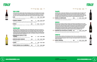 40 WWW.vivaswine.co.uk
ITALY
VINTAGE CLOSURE NO. IN
Case
PER BOTTLE
ex-VAT (£)
PER Case
ex-VAT (£)
Code
	 Screwcap
All bottles 75cl unless otherwise stated 41info@vivaswine.co.uk
ITALY
VINTAGE CLOSURE NO. IN
Case
PER BOTTLE
ex-VAT (£)
PER Case
ex-VAT (£)
Code
RIVA LEONE
The Rive Leone wines celebrate modern Italian winemaking at its best. Gavi and Barbera have been around
for centuries but the advent and uptake of modern winemaking techniques is bringing them to the attention
of a whole new audience of wine drinkers. Plenty of fruit and freshness allow these wines to be drunk on
their own as well as complementing the fabulous Italian cuisine for which they were designed in tandem.
Gavi 2010/11 6 £6.52 £39.12 08936
One of the best Italian whites, Gavi is made with the lesser-known Cortese grape and produces a subtle elegant wine full of
peach and apricot and with a long lingering finish.
Barbera, Piemonte 2010 6 £5.90 £35.40 81782
The Barbera grape is Italy’s third most widely-planted grape variety and produces some of Northern Italy’s finest reds. It has
flavours of black and red berries as well as a touch of dried fruit, held together in a light body.
Barolo 2007 6 £12.62 £75.72 81787
A modern, rich and full-bodied Barolo made from 100% Nebbiolo. It has floral notes of roses and spice and real depth to
the palate.
CASTELLANI
Piergiorgio Castellani, third generation and owner of the Castellani Estate, wouldn’t look out of place on a
Milan catwalk, such is his stylish demeanor. But once the conversation starts you begin to appreciate what
a hugely passionate man lies beneath, with bags of drive and buckets of ambition. He has a clear vision;
to produce the best wines possible blending a sense of place and tradition with modern winemaking practises.
He has spent the last few years restoring the family estate, in the rolling hills of Tuscany, to its former glory,
and the results, like his wines, are spectacular.
Verdicchio dei Castelli di Jesi
Classico 2009 6 £5.76 £34.56 08944
A modern Italian white with lemon, lime and a sprinkling of almond.
Montepulciano d’Abruzzo 2010 6 £4.84 £29.04 30285
Montepulciano is a cracking red grape from Italy’s Abruzzo region that packs a punch of spicy red and black fruit and just
loves Mediterranean food.
Chianti 2010 6 £5.88 £35.28 30291
Bright red cherry flavours are beautifully balanced by savoury undertones and a touch of sweet vanilla.
chianti riserva, villa di campobello 2007 6 £6.71 £40.26 06623
A concentrated and juicy Riserva with upfront black cherry and chocolate making way for some secondary savoury flavours.
TALENTI
The Talenti estate is located south of Montalcino, close to the small medieval village of San Angelo in Colle.
Ricardo Talenti has overseen plenty of improvements in both the vineyards and cellar since taking over
from grandfather Pierluigi. The Brunello comes from the pick of their older vineyards, planted in 1981, and
then follows a precise winemaking process. It then matures in large oak barrels (26 and 18 hl) with a small
percentage in 500-litre tonneaux for two years and then 12 months in bottle before being released.
Brunello di Montalcino 2004 6 £24.35 £146.10 06627
Brunello is perhaps Tuscany’s most famous wine – celebrated for its power, intensity and ability to age. A bold, dark, spicy
wine with deep black cherry fruit and chocolate with ripe tannins.
NICOLIS
With 39 hectares of vineyards, including 15 hectares of the oldest and most prestigious land in the region,
the Nicolis family is well placed to produce excellent wines. A few days before the grapes are mature enough
to make the wine, experts go through the vineyards and select the best, well separated bunches of grapes.
These grapes are then placed in wooden drawers (or, alternatively, on bamboo mats) and transferred to
special areas that are dry and well aerated. The grapes are then naturally dried out to raisins and thus
an amazingly high concentration of sugars, glycerol, and other aromas are obtained after extraction.
The raisined grapes are then pressed in January to produce this unusual and distinctive wine.
Amarone della Valpolicella Classico 2005 6 £28.99 £173.94 09769
Amarone is one of Italy’s most unusual wines. Produced from grapes that have been dried in the sun until they are almost
raisins, producing a concentrated spicy wine packed with intense bittersweet cherry fruit flavours.
CERETTO
The Ceretto family is as Italian as Ferrari, Parmesan and Serie A. This is a true family operation, where the
offspring of founding brothers Bruno and Marcello now run the show with both exquisite style and plenty of
humour. With the family owning plots in some of the region’s best vineyards, Ceretto is in the very top tier of
Piedmont winemaking.
Barolo Zonchera 2007 6 £23.36 £140.16 79068
Ceretto are one of the best Barolo producers. The wine is quite light in colour but packs a punch on the palate with flavours of
red berries, roses and smoke. A bit of beast that can be tamed with some hearty Italian cuisine.
 