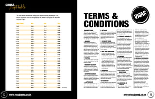 info@vivaswine.co.uk 73
Trading Terms
“We,”“us”,“our” mean BFS Group
Limited, a company registered in
England and Wales, company number
239718, whose registered office is at
Buckingham Court, Kingsmead Business
Park, High Wycombe, Bucks HP11 1JU
1 Orders
Orders are accepted subject to
availability of the product from the
manufacturer/importer. We will at all
times adhere to all legal restrictions
imposed on us in connection with the
sale and offering for sale of alcohol. We
therefore will not accept orders from
persons under the age of 18 for any
products containing alcohol; no binding
agreement will arise from any alcohol
order by a person under 18 years.
2 Parties
Only we and the customer making the
order are intended to benefit from the
contract of supply.
3 Minimum Delivery
We reserve the right not to deliver
an order which is valued at less than
£150 (net sales value) (An additional
charge may be levied on orders below
this amount).
4 Splitting Charges
For your convenience we are pleased to
split cases of Champagne, Spirits and
sweet wines; however, in some instances
a minimum split quantity may apply.
5 Last Orders
Orders must be received before 3pm on
the day prior to delivery (but certain of
our depots operate to a different cut-off
time – please check at time of order).
TERMS 
CONDITIONS6 Returns
Our drivers are not authorised to accept
goods for return without the appropriate
documentation. However, full cases
containing damaged goods may be
returned for full credit at the time of
delivery only.
7 Payment Terms
All credit accounts must be settled by
the 15th of the month following invoice
date and sent to the statement address.
In the event of an account being in
arrears, we reserve the right to withhold
further supplies.
8 Risk and Ownership
• All risks in the goods pass to the
purchaser on delivery. Ownership of
goods delivered to customer shall
remain with us until payment of the
invoiced cost has been received in full.
• Roll cages, pallets and tote boxes
remain our property at all times.
We reserve the right to charge for
any items left at the customer’s
premises at their request which are
not returned on demand or are lost
by the customer.
9 Shortages
The number of items delivered must be
checked in the presence of the driver.
Claims for shortages should be made
at the time of delivery but in any event
claims must be made to the distribution
depot on the day of delivery.
10 Warranty
All goods offered for sale are warranted
to be of the nature, substance and
quality described and to comply with
all statutory requirements from time
to time in force relating to the sale of
beverages (so far as applicable to such
goods). Unless otherwise specified in
the brochure, the size of each bottle of
alcoholic drink is 75cl.
11 Product Durability
Some beverages and most food
products with a life from manufacture
of twelve months or less must by law
be dated either by Best Before or a
Sell By Statement. We as a company
endeavour to ensure that all dated
stock has an optimum remaining
life when we sell to our customers.
All customers are advised to check
the durability dates upon receipt.
We therefore regret that we are unable
to accept returned products relating to
date coding from our customers.
12 Pricing
All items in this list are offered subject
to availability.We reserve the right
to alter prices without notice in the
event of significant unforeseen market
fluctuations, or in the case of pricing
errors. Prices are fixed on the day of
delivery, not when the goods are ordered.
VAT will be charged at the appropriate
rate on goods where applicable.
13 Telephone Call
Monitoring
Please note that your call may be
listened to by one of our telesales
managers or regional trainers to assist
with ongoing training and development
of our staff with the aim of giving you
the best possible service.
14 Limitation of
Liability
• We do not accept liability for any
failure to perform or delay in
performance caused by events
outside of our reasonable control
(including, but not limited, to strikes,
trade disputes, accident, breakdowns,
shortages affecting us or our usual
sources of supply or means of
delivery of the product).
• We accept unlimited liability for
personal injury or death arising from
our negligence and for all other
matters for which it is unlawful for us
to limit our liability under English law.
• Subject to (b) above, we shall have
no liability to you whether in contract,
tort (including negligence) or breach
of statutory duty for any: loss of
profit, loss of business or business
opportunity, loss of contract, loss of
goodwill; or any special or indirect
consequential loss.
15 General Provisions
The contract and any claims arising
in connection with it shall be governed
by English law and any dispute between
us will be resolved exclusively in the
English courts. If any part of the contract
is unenforceable, the unenforceable part
shall be construed to reflect, as nearly
as possible, the original intentions of
the parties. The other provisions of
the contract shall remain in full force
and effect. If we do not insist upon
or enforce strict performance of any
provision of the contract this shall not
mean that we waive our rights under
that provision. Whilst every effort has
been made to ensure the accuracy
of the contents of product lists,
occasionally errors may occur.
Should specific characteristics of our
products be of particular importance
to you, please contact info@vivaswine.
co.uk for more details.
WWW.vivaswine.co.uk72
GROSS
profit table
Cost Price	 60%	 65%	 70%
3.00	 9.00	10.29	 12.00
3.25	 9.75	11.14	 13.00
3.50	 10.50	12.00	 14.00
3.75	 11.25	12.86	 15.00
4.00	 12.00	13.71	 16.00
4.25	 12.75	14.57	 17.00
4.50	 13.50	15.43	 18.00
4.75	 14.25	16.29	 19.00
5.00	 15.00	17.14	 20.00
5.25	 15.75	18.00	 21.00
5.50	 16.50	18.86	 22.00
5.75	 17.25	19.71	 23.00
6.00	 18.00	20.57	 24.00
6.25	 18.75	21.43	 25.00
6.50	 19.50	22.29	 26.00
6.75	 20.25	23.14	 27.00
7.00	 21.00	24.00	 28.00
7.25	 21.75	24.86	 29.00
7.50	 22.50	25.71	 30.00
7.75	 23.25	26.57	 31.00
8.00	 24.00	27.43	 32.00
8.25	 24.75	28.29	 33.00
8.50	 25.50	29.14	 34.00
8.75	 26.25	30.00	 35.00
9.00	 27.00	30.86	 36.00
9.25	 27.75	31.71	 37.00
9.50	 28.50	32.57	 38.00
9.75	 29.25	33.43	 39.00
10.00	 30.00	34.29	 40.00
The chart below demonstrates selling prices at typical margin percentages of 60,
65 and 70 percent. Unit costs are quoted ex VAT, whilst the sell prices are all shown
inclusive of VAT*.
*VAT at 20%
 