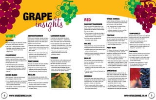 White
Albariño
Wines from this grape are distinctive, aromatic
and have an almost peachy-like aroma.
• This grape is grown principally in North
West Spain where the grapes’ thick skins
help them withstand the particularly
damp climate.
Chardonnay
Most obvious aroma is apples but often
matured in oak so will have an oaky, woody
nose. Can also have tropical fruit flavours and
aromas if particularly ripe.
• The wines tend to come in two styles -
very rich, oaky and full of tropical fruit
(e.g. pineapples and bananas) or unoaked,
minerally, clean apple and citrus fruit and
very dry.
Chenin Blanc
Often has lemon, honey and floral aromas.
It is usually quite simple and fruity.
• A very adaptable grape which can make big
powerful wine, light, simple and refreshing
wine or luscious sweet wines.
• The majority of Chenin comes from either
the Loire or South Africa.
GRAPE
insights
Gewurztraminer
This is a very distinctive, aromatic and spicy
grape variety. It produces full-bodied wines
with powerful aromas of rose petals, spice
and exotic fruit like lychees.
• Originally grown largely in Alsace in France,
where it makes some very good wines, it’s
now increasingly common in Australia and
New Zealand.
• This wine is the classic match with spicy
food and is often recommended as an
accompaniment with Thai or other Far
Eastern cooking.
Pinot Grigio
Very light and delicate with some refreshing
citrus and apple flavours and aromas.
• Originally from northern Italy it is now
emerging from all corners of the world
including Australia, Argentina and Brazil.
Riesling
Crisp (has high acidity) and delicate, floral
and honeyed flavours. When aged, petrol and
kerosene notes.
• German in origin, this grape is considered
one of the finest grapes in the world.
• Now being grown throughout Australia
and New Zealand.
Sauvignon Blanc
Crisp (has very high acidity) and intense.
Lots of green fruit flavours – gooseberries,
limes, green apples, grass and elderflowers.
• A very distinctive variety which often has
a powerful, herbaceous aroma – this means
grassy, like green leaves, particularly those
from South Africa and New Zealand.
• The Loire is its original home and
Sancerre and Pouilly Fumé are the
prestigious exports.
Viognier
Full bodied and rich, with a distinctive scent
of apricots and peaches. Sometimes with a
little spice and pepper on the nose.
• Mainly grown in the south of France and for
a while all but died out because very few
people were making wine from it. Fortunately,
it has now been rescued from oblivion!
red
Cabernet Sauvignon
This is the grape that makes some of the
worlds most famous and expensive wines.
It traditionally has flavours of blackcurrants,
dark fruit and spice.
• This is thought to be the best red grape in
the world and is capable of making wines
which can age for a very long time.
• It is often blended with Merlot and
sometimes Syrah (Shiraz).
Malbec
These wines are big, fruity and full-bodied with
flavours and aromas of plums and dark fruit.
• Originally grown in the south west of France
where it is known as Cot.
• Argentina is now renowned for making a lot
of really great wine from Malbec.
Merlot
The word most used to describe Merlot is
plummy. You might also find vanilla, other
dark fruit and prunes.
• This is a very popular choice, largely
because it is often very easy drinking, fruity
and smooth.
• It can be similar to Cabernet Sauvignon but
with less tannin.
Nebbiolo
The Nebbiolo grape makes wine which is rich,
full-bodied and has dark fruit flavours. It often
has aromas of tar and violets, making the
scent very complex and interesting.
• This is a grape variety which is largely
grown in the north of Italy and makes some
of the finest Italian wines.
Syrah (Shiraz)
Look for aromas and flavours of cherries, red
fruit, spice and smokiness in Syrah or Shiraz
(as it is known in the New World).
• Big, flavourful and rich wines are often
made with this grape variety.
• Australia’s reputation for wine is partially
based on wines made from Shiraz.
Pinotage
This has flavours and aromas similar to Pinot
Noir but is usually fuller and earthier and can
have a distinctive taste of burnt rubber.
• Pinotage is generally made in South Africa,
where this grape comes from.
Pinot Noir
The flavours and aromas in this grape variety
are overwhelmingly red fruits, especially
raspberries. Sometimes you will get some
spiciness or light oak flavours.
• Pinot Noir is capable of making very fine
wines with great ageing potential.
• These wines tend to be lighter in colour and
lighter bodied. It has been difficult to grow
in countries outside of it’s home in France
but New Zealand’s reputation as a serious
producer is growing rapidly.
Sangiovese
Sangiovese produces a medium to full, dry
wine, which is slightly spicy, with bitter cherry,
spices, tobacco, chocolate and herb flavours.
• This is one of the best known Italian grape
varieties although you will rarely see it
listed on the label as the wine is usually
named after where it is made.
• The famous Tuscan wines of Chianti,
Brunello di Montalcino and Vino Nobile di
Montepulciano are made with Sangiovese.
Tempranillo
Medium bodied yet powerful wine, often with
tobacco-scents due to oak ageing and with
strawberry, spices and soft toffee.
• This is Spain’s quality grape, and an
essential component of Rioja.
• Without oak it can be quite fruity and spicy,
however much of the wine produced from
Tempranillo spends time in oak.
Zinfandel
Wines made from Zinfandel are fruity and juicy,
easy drinking and full of dark fruit flavours.
• Zinfandel is thought to be the same grape
as a variety which comes from the south
of Italy called Primitivo.
• Zinfadel’s most popular form is as the
off dry, pale pink Zinfadel rosé which
dominates the rosé category.
info@vivaswine.co.ukWWW.vivaswine.co.uk 98
 