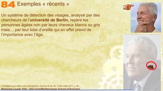 Mohamed Louadi, PhD – ISG-Tunis/Mediterranean School of Business 44
Un système de détection des visages, analysé par des
chercheurs de l’université de Berlin, repère les
personnes âgées non par leurs cheveux blancs ou gris
mais…
Un système de détection des visages, analysé par des
chercheurs de l’université de Berlin, repère les
personnes âgées non par leurs cheveux blancs ou gris
mais… par leur lobe d’oreille qui en effet prend de
l’importance avec l’âge.
Exemples « récents »
L'intelligence qui défie notre entendement, Science & Vie, No. 1198, Juillet 2017, p. 54.
 