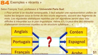 Mohamed Louadi, PhD – ISG-Tunis/Mediterranean School of Business 51
Selon François Yvon, professeur à l’Université Paris Sud :
« Pour arriver à ce résultat remarquable, il faut adopter une représentation unifiée de
toutes les langues sous la forme de très courts segments, souvent des fragments de
mots. Les régularités statistiques repérées par cet algorithme seront donc très
difficiles à interpréter sur le plan linguistique, même s’il y a peut-être des éléments
d’alternance consonnes voyelles ou de structure syllabique… »
EspagnolPortugais
Anglais
ArabeFrançais
Coréen
Exemples « récents »
EspagnolPortugais
 