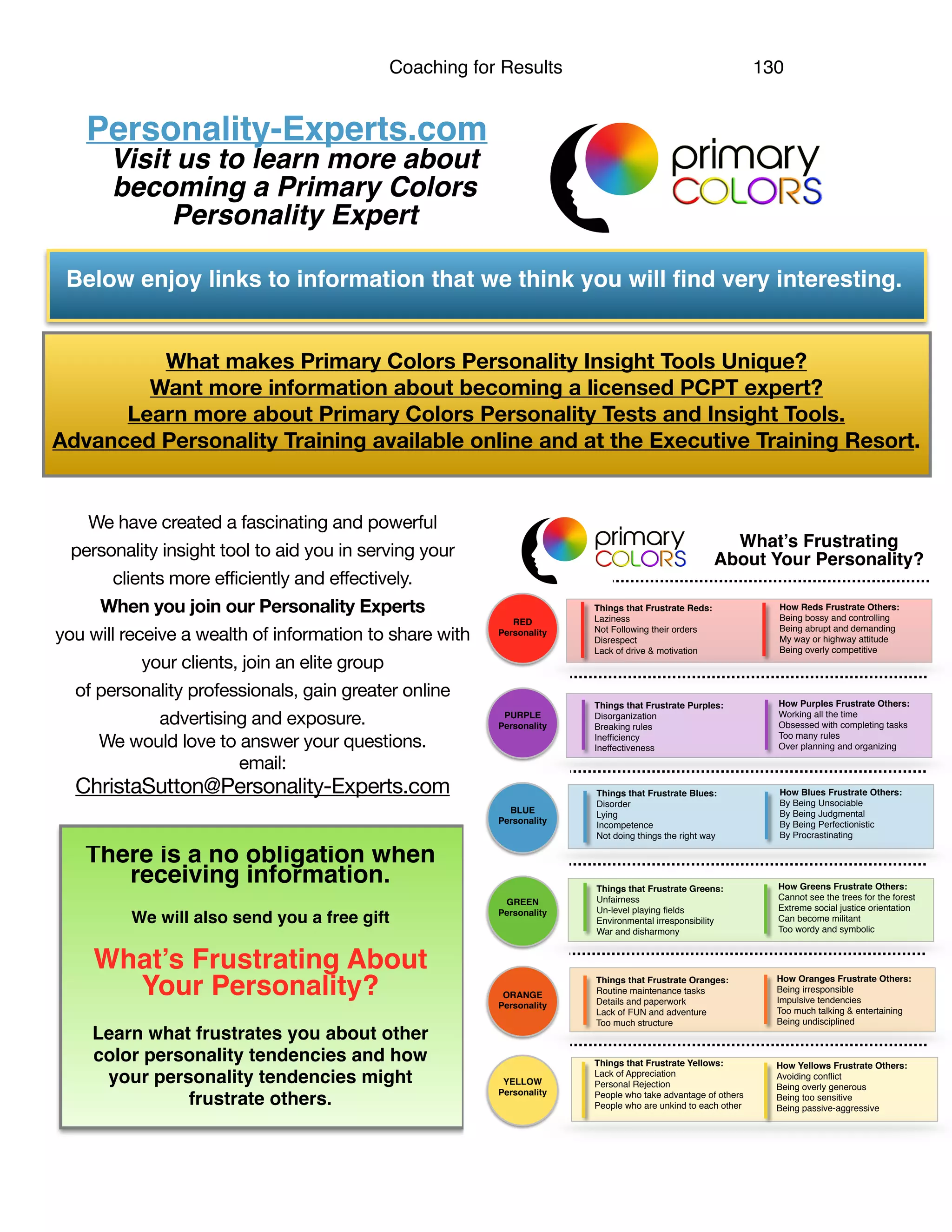 Coaching for Results 130
Personality-Experts.com
Visit us to learn more about
becoming a Primary Colors
Personality Expert
Below enjoy links to information that we think you will ﬁnd very interesting.
What makes Primary Colors Personality Insight Tools Unique?
Want more information about becoming a licensed PCPT expert?
Learn more about Primary Colors Personality Tests and Insight Tools.
Advanced Personality Training available online and at the Executive Training Resort.
There is a no obligation when
receiving information.
We will also send you a free gift
What’s Frustrating About
Your Personality?
Learn what frustrates you about other
color personality tendencies and how
your personality tendencies might
frustrate others.
Things that Frustrate Reds:
Laziness
Not Following their orders
Disrespect
Lack of drive & motivation
How Reds Frustrate Others:
Being bossy and controlling
Being abrupt and demanding
My way or highway attitude
Being overly competitive
Things that Frustrate Purples:
Disorganization
Breaking rules
Inefﬁciency
Ineffectiveness
Things that Frustrate Blues:
Disorder
Lying
Incompetence
Not doing things the right way
Things that Frustrate Greens:
Unfairness
Un-level playing ﬁelds
Environmental irresponsibility
War and disharmony
Things that Frustrate Oranges:
Routine maintenance tasks
Details and paperwork
Lack of FUN and adventure
Too much structure
Things that Frustrate Yellows:
Lack of Appreciation
Personal Rejection
People who take advantage of others
People who are unkind to each other
How Purples Frustrate Others:
Working all the time
Obsessed with completing tasks
Too many rules
Over planning and organizing
How Blues Frustrate Others:
By Being Unsociable
By Being Judgmental
By Being Perfectionistic
By Procrastinating
How Greens Frustrate Others:
Cannot see the trees for the forest
Extreme social justice orientation
Can become militant
Too wordy and symbolic
How Oranges Frustrate Others:
Being irresponsible
Impulsive tendencies
Too much talking & entertaining
Being undisciplined
How Yellows Frustrate Others:
Avoiding conﬂict
Being overly generous
Being too sensitive
Being passive-aggressive
RED
Personality
PURPLE
Personality
BLUE
Personality
GREEN
Personality
ORANGE
Personality
YELLOW
Personality
What’s Frustrating
About Your Personality?
We have created a fascinating and powerful
personality insight tool to aid you in serving your
clients more efficiently and effectively.

When you join our Personality Experts
you will receive a wealth of information to share with
your clients, join an elite group 

of personality professionals, gain greater online
advertising and exposure.

We would love to answer your questions. 

email:

ChristaSutton@Personality-Experts.com
 