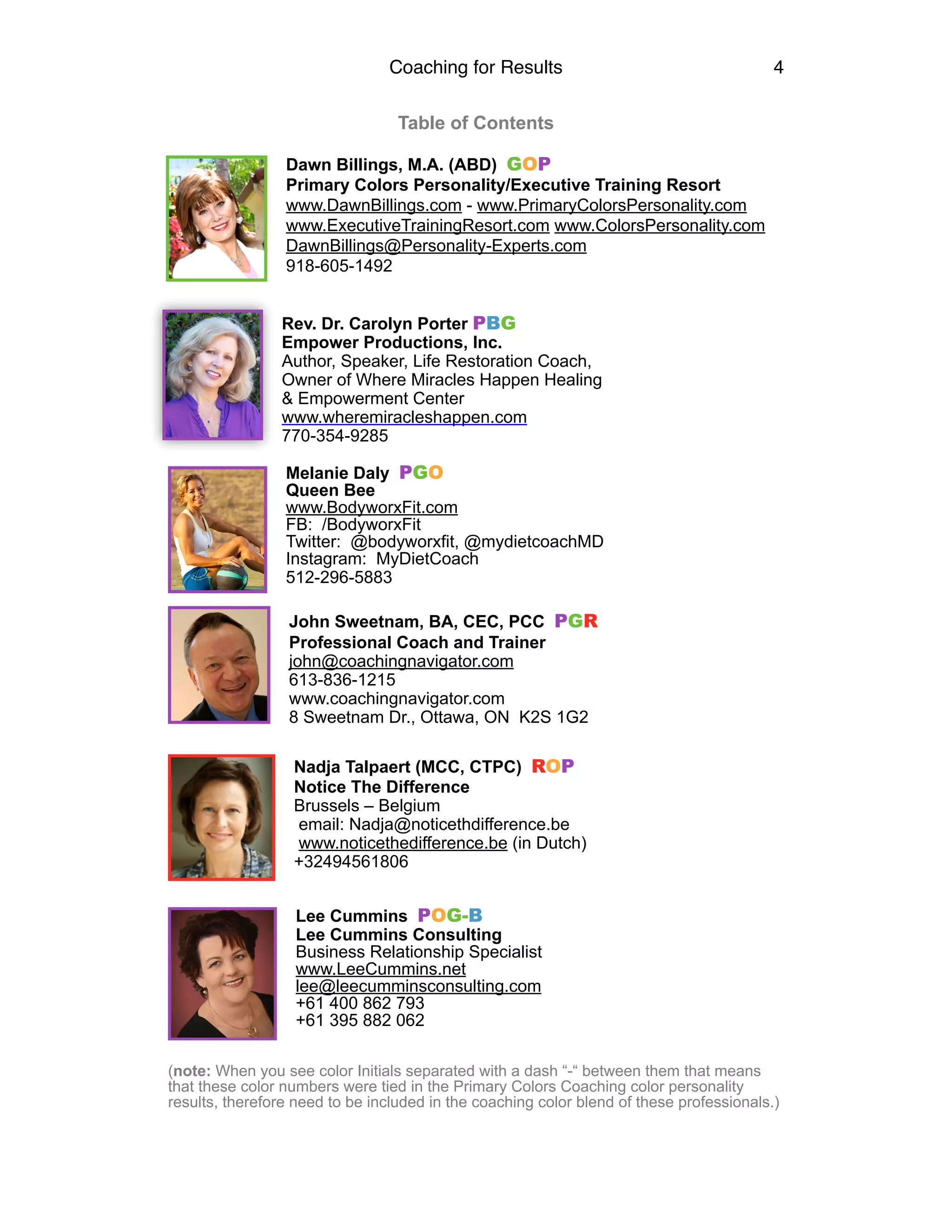 Coaching for Results 4
Table of Contents
Dawn Billings, M.A. (ABD) GOP
Primary Colors Personality/Executive Training Resort
www.DawnBillings.com - www.PrimaryColorsPersonality.com
www.ExecutiveTrainingResort.com www.ColorsPersonality.com
DawnBillings@Personality-Experts.com
918-605-1492
Rev. Dr. Carolyn Porter PBG
Empower Productions, Inc.
Author, Speaker, Life Restoration Coach,
Owner of Where Miracles Happen Healing
& Empowerment Center
www.wheremiracleshappen.com
770-354-9285
Melanie Daly PGO 
Queen Bee 
www.BodyworxFit.com 
FB: /BodyworxFit 
Twitter: @bodyworxfit, @mydietcoachMD 
Instagram: MyDietCoach
512-296-5883
John Sweetnam, BA, CEC, PCC PGR
Professional Coach and Trainer
john@coachingnavigator.com
613-836-1215
www.coachingnavigator.com
8 Sweetnam Dr., Ottawa, ON K2S 1G2
Nadja Talpaert (MCC, CTPC) ROP
Notice The Difference
Brussels – Belgium
email: Nadja@noticethdifference.be
www.noticethedifference.be (in Dutch)
+32494561806
Lee Cummins POG-B
Lee Cummins Consulting
Business Relationship Specialist
www.LeeCummins.net
lee@leecumminsconsulting.com
+61 400 862 793
+61 395 882 062
(note: When you see color Initials separated with a dash “-“ between them that means
that these color numbers were tied in the Primary Colors Coaching color personality
results, therefore need to be included in the coaching color blend of these professionals.) 
 