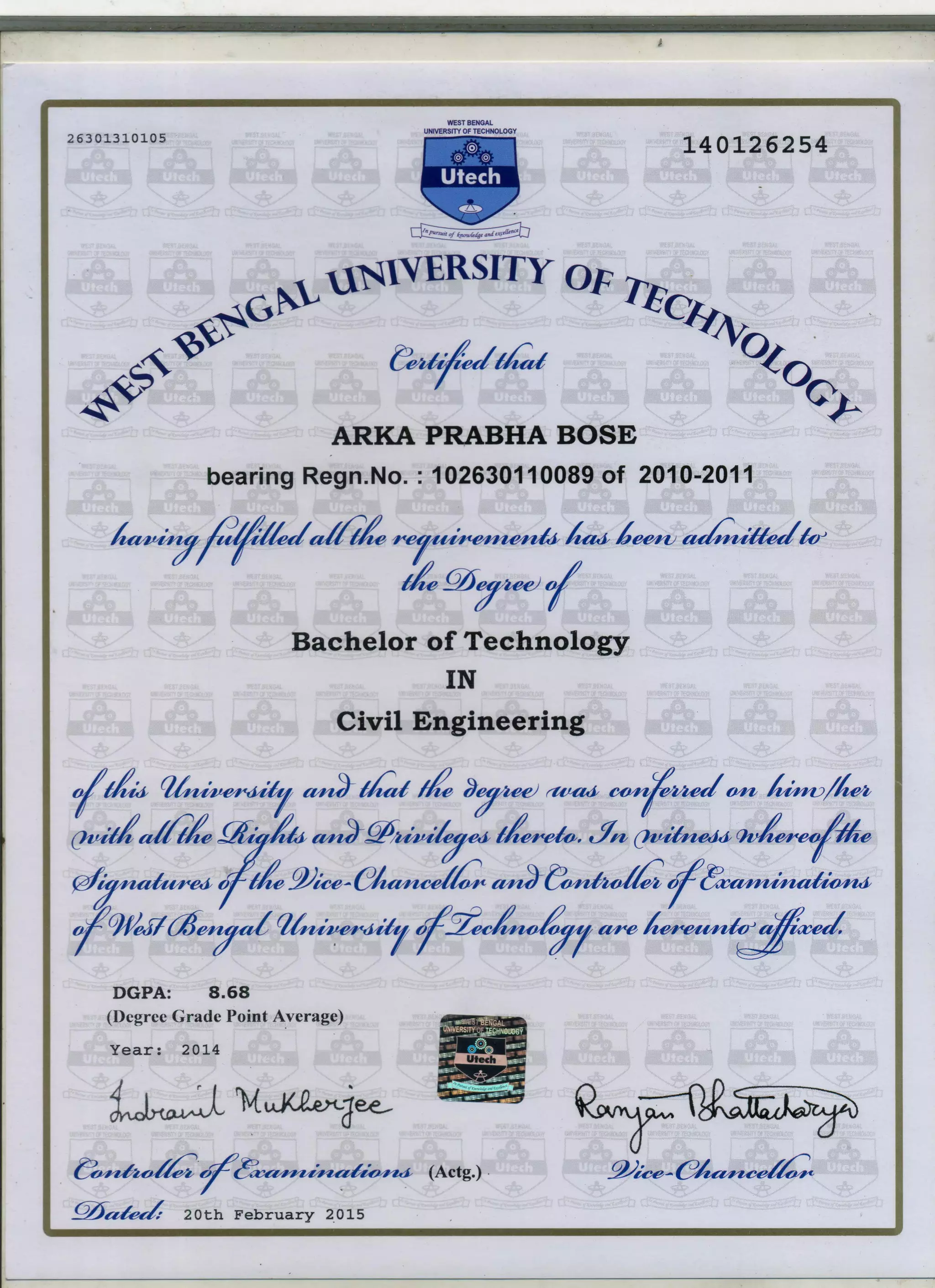 B Tech Certificate PDF