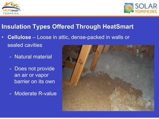 Insulation Types Offered Through HeatSmart
•  Cellulose – Loose in attic, dense-packed in walls or
sealed cavities
-  Natural material
-  Does not provide
an air or vapor
barrier on its own
-  Moderate R-value
 