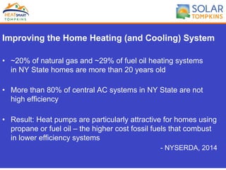 Improving the Home Heating (and Cooling) System
•  ~20% of natural gas and ~29% of fuel oil heating systems
in NY State homes are more than 20 years old
•  More than 80% of central AC systems in NY State are not
high efficiency
•  Result: Heat pumps are particularly attractive for homes using
propane or fuel oil – the higher cost fossil fuels that combust
in lower efficiency systems
- NYSERDA, 2014
 