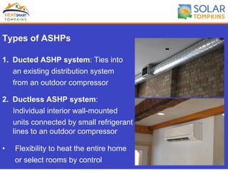 Types of ASHPs
1.  Ducted ASHP system: Ties into
an existing distribution system
from an outdoor compressor
2.  Ductless ASHP system:
Individual interior wall-mounted
units connected by small refrigerant
lines to an outdoor compressor
•  Flexibility to heat the entire home
or select rooms by control
 