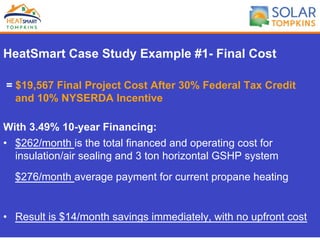 HeatSmart Case Study Example #1- Final Cost
= $19,567 Final Project Cost After 30% Federal Tax Credit
and 10% NYSERDA Incentive
With 3.49% 10-year Financing:
•  $262/month is the total financed and operating cost for
insulation/air sealing and 3 ton horizontal GSHP system
$276/month average payment for current propane heating
•  Result is $14/month savings immediately, with no upfront cost
 