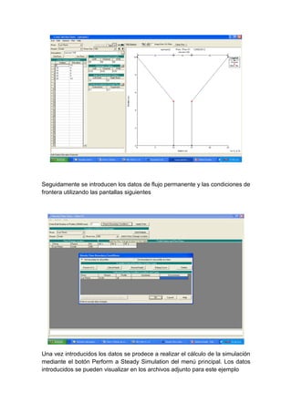 Seguidamente se introducen los datos de flujo permanente y las condiciones de
frontera utilizando las pantallas siguientes
Una vez introducidos los datos se prodece a realizar el cálculo de la simulación
mediante el botón Perform a Steady Simulation del menú principal. Los datos
introducidos se pueden visualizar en los archivos adjunto para este ejemplo
 