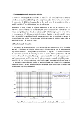 2.2 Caudales y volumen de sedimentos utilizado
La simulación del transporte de sedimentos en el canal se hizo para un periodo de 10 horas,
considerando caudales de 50 m3/seg, en las dos primeras y dos últimas horas, con un arrastre
de sedimentos de 1.75 toneladas/seg. De las 2 a las 8 horas de simulación se utilizaron
caudales de 100 m3/seg y 3.5 toneladas /seg de sedimentos.
Durante las 10 horas, el total de flujo de sedimentos es de 120,000 toneladas, esto se
determinó considerando que el total de 300,000 toneladas de sedientos estimado en este
trabajo se originó durante 2 días. Se considera que 2/3 del total se produjeron en las últimas
10 horas, y que el 40% del volumen de sedimentos se deposita en los primeros 600 metros
antes de que inicie el canal Eucaliptos. El programa requiere que se especifique el tamaño de
los materiales que fluyen, y el porcentaje para una unidad de volumen dada. Esto se
determinó en base a las visitas de campo.
2.3 Resultados de la simulación
En el cuadro 1 se presentan algunos datos del flujo de agua y sedimentos de la simulación
realizada. La pendiente del fondo es del 10%, en la tabla se puede ver que las velocidades del
flujo oscilan entre 3.5 y 5 m/seg, en todas las secciones. En la gráfica 2 se presenta el volumen
de sedimentos acumulado de entrada y de salida en sección del canal, ubicadas a cada 100
metros, al final de la simulación. Nótese que a la distancia de 400 metros, donde se encuentra
la primera sección del canal, la masa total de sedimentos de entrada es de 120,000 toneladas y
que el 50% de este volumen se deposita entre la primera y la segunda sección.En las Figuras 8a
y 8b se muestra el perfil del canal al inicio de la simulación y al final, nótese en la Figura 8b que
el fondo se modifica entre la primera y segunda sección del canal, donde como ya se mencionó
se deposita el 50% de los sedimentos.
0 100 200 300 400
0
20000
40000
60000
80000
100000
120000
15Jul2012 10:00:00
Main Channel Distance (m)
ChInvertEl(m),MassBedChangeCum:All(tons),MassOutCum:All(tons),MassInCum:All(tons)
Legend
15JUL2012 10:00:00-Ch Invert El (m)
15JUL2012 10:00:00-Mass Bed Change Cum: All (tons)
15JUL2012 10:00:00-Mass Out Cum: All (tons)
15JUL2012 10:00:00-Mass In Cum: All (tons)
sanjon-euca
Figura 7. Volumen de sedimentos acumulado de entrada y de salida en sección
 