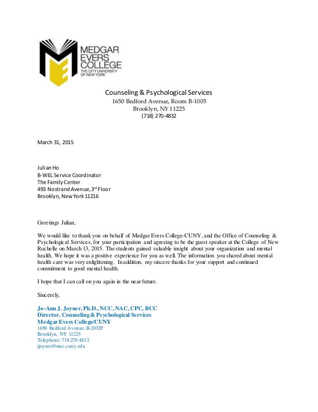 Thank You Letter CUNY Medgar Evers College