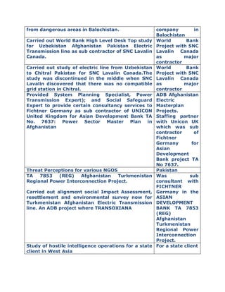 from dangerous areas in Balochistan. company in
Balochistan
Carried out World Bank High Level Desk Top study
for Uzbekistan Afghanistan Pakistan Electric
Transmission line as sub contractor of SNC Lavalin
Canada.
World Bank
Project with SNC
Lavalin Canada
as major
contractor
Carried out study of electric line from Uzbekistan
to Chitral Pakistan for SNC Lavalin Canada.The
study was discontinued in the middle when SNC
Lavalin discovered that there was no compatible
grid station in Chitral.
World Bank
Project with SNC
Lavalin Canada
as major
contractor
Provided System Planning Specialist, Power
Transmission Expert); and Social Safeguard
Expert to provide certain consultancy services to
Fichtner Germany as sub contractor of UNICON
United Kingdom for Asian Development Bank TA
No. 7637: Power Sector Master Plan in
Afghanistan
ADB Afghanistan
Electric
Masterplan
Projects.
Staffing partner
with Unicon UK
which was sub
contractor of
Fichtner
Germany for
Asian
Development
Bank project TA
No 7637.
Threat Perceptions for various NGOS Pakistan
TA 7853 (REG) Afghanistan Turkmenistan
Regional Power Interconnection Project.
Carried out alignment social Impact Assessment,
resettlement and environmental survey now for
Turkmenistan Afghanistan Electric Transmission
line. An ADB project where TRANSOXIANA
Was sub
consultant with
FICHTNER
Germany in the
ASIAN
DEVELOPMENT
BANK TA 7853
(REG)
Afghanistan
Turkmenistan
Regional Power
Interconnection
Project.
Study of hostile intelligence operations for a state
client in West Asia
For a state client
 