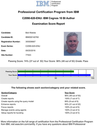 Professional Certification Program from IBM
C2090-620-ENU: IBM Cognos 10 BI Author
Examination Score Report
Candidate: Bob Watcke
Candidate ID: IBM000140760
Registration Number: 305508667
Exam Series: C2090-620-ENU
Date: 09/20/2016
Site Number: 77543
Passing Score: 74% (37 out of 50) Your Score: 96% (48 out of 50) Grade: Pass
The following shows each section/category and your related score.
Section/Category Your Score
Overall 96% (48 out of 50)
Create reports 100% (7 out of 7)
Create reports using the query model 89% (8 out of 9)
Enhance reports 95% (21 out of 22)
Focus reports 100% (6 out of 6)
Manage events using agents 100% (3 out of 3)
Setup reports for bursting 100% (3 out of 3)
More information on the full range of certification from the Professional Certification Program
from IBM, visit www.ibm.com/certify. If you have any questions about IBM Professional
Passing Score
Your Score
0 50 100
 