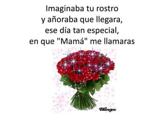 Imaginaba tu rostro
y añoraba que llegara,
ese día tan especial,
en que "Mamá" me llamaras
 