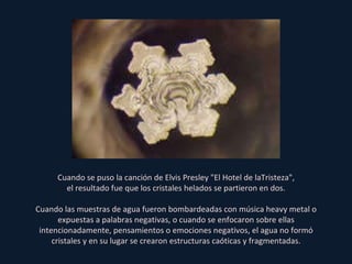 Cuando se puso la canción de Elvis Presley "El Hotel de laTristeza", el resultado fue que los cristales helados se partieron en dos. Cuando las muestras de agua fueron bombardeadas con música heavy metal o expuestas a palabras negativas, o cuando se enfocaron sobre ellas intencionadamente, pensamientos o emociones negativos, el agua no formó cristales y en su lugar se crearon estructuras caóticas y fragmentadas. 