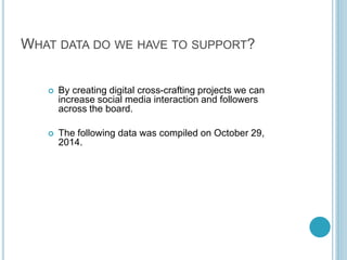 WHAT DATA DO WE HAVE TO SUPPORT?
 By creating digital cross-crafting projects we can
increase social media interaction and followers
across the board.
 The following data was compiled on October 29,
2014.
 