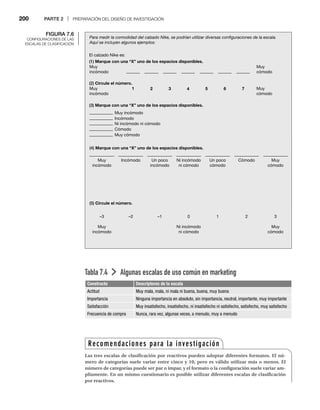 200 PARTE 2 | PREPARACIÓN DEL DISEÑO DE INVESTIGACIÓN
Tabla 7.4 Algunas escalas de uso común en marketing
Constructo Descriptores de la escala
Actitud Muy mala, mala, ni mala ni buena, buena, muy buena
Importancia Ninguna importancia en absoluto, sin importancia, neutral, importante, muy importante
Satisfacción Muy insatisfecho, insatisfecho, ni insatisfecho ni satisfecho, satisfecho, muy satisfecho
Frecuencia de compra Nunca, rara vez, algunas veces, a menudo, muy a menudo
FIGURA 7.6
CONFIGURACIONES DE LAS
ESCALAS DE CLASIFICACIÓN
El calzado Nike es:
(1) Marque con una “X” uno de los espacios disponibles.
1 2 3 4 5 6 7
Incómodo
Ni incómodo ni cómodo
Cómodo
(2) Circule el número.
(3) Marque con una “X” uno de los espacios disponibles.
Muy
cómodo
Muy
cómodo
Muy incómodo
Muy cómodo
Para medir la comodidad del calzado Nike, se podrían utilizar diversas conﬁguraciones de la escala.
Aquí se incluyen algunos ejemplos:
Muy
incómodo
Muy
incómodo
(4) Marque con una “X” uno de los espacios disponibles.
(5) Circule el número.
Incómodo Cómodo
Un poco
incómodo
Un poco
cómodo
Muy
cómodo
Muy
incómodo
Ni incómodo
ni cómodo
1
0
Ni incómodo
ni cómodo
–1
–2
–3
Muy
incómodo
2 3
Muy
cómodo
Recomendaciones para la investigación
Las tres escalas de clasificación por reactivos pueden adoptar diferentes formatos. El nú-
mero de categorías suele variar entre cinco y 10, pero es válido utilizar más o menos. El
número de categorías puede ser par o impar, y el formato o la configuración suele variar am-
pliamente. En un mismo cuestionario es posible utilizar diferentes escalas de clasificación
por reactivos.
 