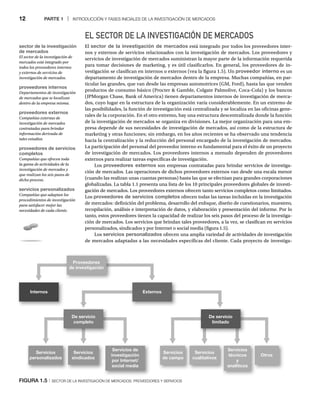 12 PARTE 1 | INTRODUCCIÓN Y FASES INICIALES DE LA INVESTIGACIÓN DE MERCADOS
EL SECTOR DE LA INVESTIGACIÓN DE MERCADOS
El sector de la investigación de mercados está integrado por todos los proveedores inter-
nos y externos de servicios relacionados con la investigación de mercados. Los proveedores y
servicios de investigación de mercados suministran la mayor parte de la información requerida
para tomar decisiones de marketing, y es útil clasificarlos. En general, los proveedores de in-
vestigación se clasifican en internos o externos (vea la figura 1.5). Un proveedor interno es un
departamento de investigación de mercados dentro de la empresa. Muchas compañías, en par-
ticular las grandes, que van desde las empresas automotrices (GM, Ford), hasta las que venden
productos de consumo básico (Procter  Gamble, Colgate Palmolive, Coca-Cola) y los bancos
(JPMorgan Chase, Bank of America) tienen departamentos internos de investigación de merca-
dos, cuyo lugar en la estructura de la organización varía considerablemente. En un extremo de
las posibilidades, la función de investigación está centralizada y se localiza en las oficinas gene-
rales de la corporación. En el otro extremo, hay una estructura descentralizada donde la función
de la investigación de mercados se organiza en divisiones. La mejor organización para una em-
presa depende de sus necesidades de investigación de mercados, así como de la estructura de
marketing y otras funciones; sin embargo, en los años recientes se ha observado una tendencia
hacia la centralización y la reducción del personal encargado de la investigación de mercados.
La participación del personal del proveedor interno es fundamental para el éxito de un proyecto
de investigación de mercados. Los proveedores internos a menudo dependen de proveedores
externos para realizar tareas específicas de investigación.
Los proveedores externos son empresas contratadas para brindar servicios de investiga-
ción de mercados. Las operaciones de dichos proveedores externos van desde una escala menor
(cuando las realizan unas cuantas personas) hasta las que se efectúan para grandes corporaciones
globalizadas. La tabla 1.1 presenta una lista de los 10 principales proveedores globales de investi-
gación de mercados. Los proveedores externos ofrecen tanto servicios completos como limitados.
Los proveedores de servicios completos ofrecen todas las tareas incluidas en la investigación
de mercados: definición del problema, desarrollo del enfoque, diseño de cuestionarios, muestreo,
recopilación, análisis e interpretación de datos, y elaboración y presentación del informe. Por lo
tanto, estos proveedores tienen la capacidad de realizar los seis pasos del proceso de la investiga-
ción de mercados. Los servicios que brindan tales proveedores, a la vez, se clasifican en servicios
personalizados, sindicados y por Internet o social media (figura 1.5).
Los servicios personalizados ofrecen una amplia variedad de actividades de investigación
de mercados adaptadas a las necesidades específicas del cliente. Cada proyecto de investiga-
FIGURA 1.5 | SECTOR DE LA INVESTIGACIÓN DE MERCADOS: PROVEEDORES Y SERVICIOS
De servicio
limitado
Servicios
de campo
Otros
Servicios
cualitativos
Servicios
técnicos
y
analíticos
Proveedores
de investigación
Externos
Internos
De servicio
completo
Servicios
personalizados
Servicios de
investigación
por Internet/
social media
Servicios
sindicados
sector de la investigación
de mercados
El sector de la investigación de
mercados está integrado por
todos los proveedores internos
y externos de servicios de
investigación de mercados.
proveedores internos
Departamentos de investigación
de mercados que se localizan
dentro de la empresa misma.
proveedores externos
Compañías externas de
investigación de mercados
contratadas para brindar
información derivada de
tales estudios.
proveedores de servicios
completos
Compañías que ofrecen toda
la gama de actividades de la
investigación de mercados y
que realizan los seis pasos de
dicho proceso.
servicios personalizados
Compañías que adaptan los
procedimientos de investigación
para satisfacer mejor las
necesidades de cada cliente.
 