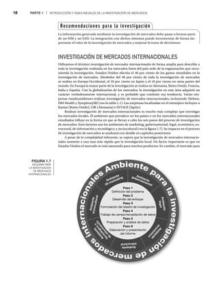 18 PARTE 1 | INTRODUCCIÓN Y FASES INICIALES DE LA INVESTIGACIÓN DE MERCADOS
INVESTIGACIÓN DE MERCADOS INTERNACIONALES
Utilizamos el término investigación de mercados internacionales de forma amplia para describir a
s
toda la investigación realizada en los mercados fuera del país sede de la organización que enco-
mienda la investigación. Estados Unidos efectúa el 40 por ciento de los gastos mundiales en la
investigación de mercados. Alrededor del 40 por ciento de toda la investigación de mercados
se realiza en Europa Occidental, el 10 por ciento en Japón y el 10 por ciento en otras partes del
mundo. En Europa la mayor parte de la investigación se realiza en Alemania, Reino Unido, Francia,
Italia y España. Con la globalización de los mercados, la investigación en esta área adquirió un
carácter verdaderamente internacional, y es probable que continúe esa tendencia. Varias em-
presas estadounidenses realizan investigación de mercados internacionales, incluyendo Nielsen,
IMS Health y SymphonyIRI (vea la tabla 1.1). Las empresas localizadas en el extranjero incluyen a
Kantar (Reino Unido), GfK (Alemania) e INTAGE (Japón).
Realizar investigación de mercados internacionales es mucho más complejo que investigar
los mercados locales. El ambiente que prevalece en los países o en los mercados internacionales
estudiados influye en la forma en que se llevan a cabo los seis pasos del proceso de investigación
de mercados. Esos factores son los ambientes de marketing, gubernamental, legal, económico, es-
tructural, de información y tecnológico, y sociocultural (vea la figura 1.7). Su impacto en el proceso
de investigación de mercados se analizará con detalle en capítulos posteriores.
A pesar de la complejidad inherente, se espera que la investigación de mercados internacio-
nales aumente a una tasa más rápida que la investigación local. Un factor importante es que en
Estados Unidos el mercado se está saturando para muchos productos. En cambio, el mercado para
Recomendaciones para la investigación
La información generada mediante la investigación de mercados debe pasar a formar parte
de un SIM y un SAD. La integración con dichos sistemas puede incrementar de forma im-
portante el valor de la investigación de mercados y mejorar la toma de decisiones.
FIGURA 1.7
ESQUEMA PARA
LA INVESTIGACIÓN
DE MERCADOS
INTERNACIONALES
Paso 1
Definición del problema
Paso 2
Desarrollo del enfoque
Paso 3
Formulación del diseño de investigación
Paso 4
Trabajo de campo/recopilación de datos
Paso 5
Preparación y análisis de datos
Paso 6
Elaboración y presentación
del informe
Ambiente
gubernamental
A
m
b
ie
n
t
e
le
g
a
l
A
m
b
i
e
n
t
e
e
c
o
n
ó
m
i
c
o
Am
bie
nte
est
ruc
tur
al
A
m
b
i
e
n
t
e
t
e
c
n
o
l
ó
g
i
c
o
y
d
e
i
n
f
o
r
m
a
c
i
ó
n
A
m
b
ie
n
t
e
s
o
c
io
c
u
lt
u
r
a
l
Ambiente
de marketing
Ambiente pa
r
a
l
a
i
n
v
e
s
t
i
g
a
c
i
ó
n
d
e
m
e
r
c
a
d
o
s
i
n
t
e
r
n
a
c
i
o
n
a
l
es
 