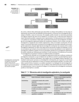 62 PARTE 2 | PREPARACIÓN DEL DISEÑO DE INVESTIGACIÓN
de acción u obtener ideas adicionales para desarrollar un enfoque del problema. En esta etapa, la
información necesaria sólo está definida de forma general, y el proceso de la investigación que se
adopta es flexible y carece de estructura. Por ejemplo, podría consistir en entrevistas personales
con algunos expertos del ramo (vea el capítulo 2). La muestra, que se selecciona para obtener la
mayor información posible, es pequeña y poco representativa. Los datos primarios son cualitativos
y se analizan en concordancia. Dadas tales características del proceso de investigación, los hallaz-
gos de la investigación exploratoria habrán de considerarse tentativos. Por lo común, este tipo de
investigación va seguida de más estudios exploratorios, o bien, de estudios concluyentes. De este
modo, es una buena idea iniciar un proyecto de investigación de mercados realizando una investi-
gación exploratoria y después algún tipo de investigación concluyente. En ocasiones sólo se realiza
investigación exploratoria. En tales casos debe tenerse precaución al utilizar los hallazgos. Los da-
tos secundarios, que incluyen a los social media (como veremos más adelante en este capítulo) y la
investigación cualitativa (capítulo 4) son los principales métodos de la investigación exploratoria.
El estudio realizado por Starbucks para introducir el café instantáneo VIA (descrito en la sección
“La investigación en la práctica”) incluyó un análisis de datos secundarios.
La información obtenida con la investigación exploratoria tendrá que verificarse mediante la
investigación concluyente, ya que el objetivo de esta última es someter a prueba hipótesis especí-
ficas y examinar relaciones particulares. Esto implica que el investigador deberá especificar con
claridad la información necesaria. La investigación concluyente, por lo general, es más formal
y estructurada que la exploratoria. Se basa en muestras representativas grandes, y los datos obte-
nidos a partir de ella se someten a un análisis cuantitativo. Los hallazgos de esta investigación se
consideran de carácter concluyente, ya que se utilizan como información para la toma de decisio-
nes administrativas. Como se muestra en la figura 3.3, los diseños de la investigación concluyente
pueden ser descriptivos o causales.
FIGURA 3.3
CLASIFICACIÓN
DE LOS DISEÑOS
DE INVESTIGACIÓN
DE MERCADOS
Tabla 3.1 Diferencias entre la investigación exploratoria y la concluyente
Exploratoria Concluyente
Objetivo: Brindar información y facilitar la comprensión. Someter a prueba hipótesis específicas
y examinar relaciones.
Características: La información necesaria sólo se define
vagamente.
El proceso de investigación es flexible y no
estructurado.
La muestra es pequeña y no representativa.
El análisis de los datos es cualitativo.
La información necesaria se define con
claridad.
El proceso de investigaciones es formal
y estructurado.
La muestra es grande y representativa.
El análisis de datos es cuantitativo.
Hallazgos: Tentativos. Concluyentes.
Resultado: Por lo general, va seguida de más investigación
exploratoria o concluyente.
Los hallazgos se usan como información
para la toma de decisiones.
Diseño de investigación
Diseño de investigación
concluyente
Diseño de investigación
exploratoria
Investigación
descriptiva
Diseño
transversal
Diseño
longitudinal
Investigación causal
investigación concluyente
Investigación diseñada para
ayudar a quien toma las
decisiones a determinar, evaluar y
elegir el mejor curso de acción en
una situación específica.
 