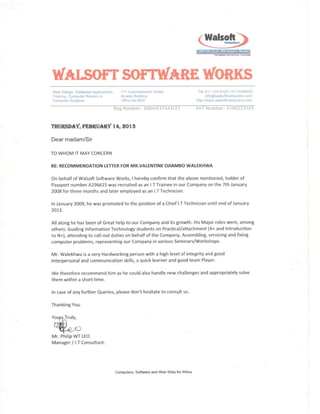 Walsoft's Recommendation letter
