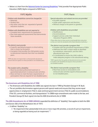 9AbilityPath.org
• Below is a chart from the National Center for Learning Disabilities 5
that provides Free Appropriate Public
Education (FAPE) Myths compared to FAPE Facts:
The Americans with Disabilities Act of 1990
• The Americans with Disabilities Act (ADA) was signed into law in 1990 by President George H. W. Bush.
• The act prohibits discrimination against persons with special needs and ensures that they receive equal
opportunities in: employment (Title I), state and local government services (Title II), public accommodations
(Title III), commercial facilities, and transportation.6
In 2008 major amendments were made to the law, and
President George W. Bush signed into law the ADA Amendments Act of 2008.
The ADA Amendments Act of 2008 (ADAAA) expanded the definition of “disability” that applies to both the ADA
and Section 504 of the Rehabilitation Act of 1973:
• It defines “disability” as:
◊ “An impairment that substantially limits one or more major life activities, a record of such an impairment,
or being regarded as having such an impairment.” 7
FAPE Myths
Special education and related services are provided
• At public expense
• Under public supervision and direction.
• Without charge to the parent or guardian.
Children with disabilities are provided
• Modiﬁcations
• Accommodations
• Support services under their Individual
Education Programs (IEPs).
(These allow them to have access to and beneﬁt from instruction
so they can meet the standards of the State Education Authority.)
The district must provide a program that
• Complies with the procedural requirements of IDEA
• Addresses the child's unique needs as identiﬁed
by evaluations, observation, and the child's
educational team and,
• Is coordinated to ensure the child is able to
make adequate progress in the educational setting.
*FAPE requires that the quality of educational services provided
to students with disabilities be equal to those provided to
non-disabled students.
The district must provide a program that
• Must have access to nonacademic and
extracurricular activities equal to those provided
to non-disabled peers.
Children with disabilities cannot be charged for
• Materials
• Student fees
• Any other costs that are requested of general
education students.
Children with disabilities are not required to
• Complete basic requirements for graduation.
• Pass state-approved assessments that demonstrate
State standards.
The district must provide
• A speciﬁc specialized program or school setting
that is chosen by the parent
• A program that provides the child greater access
to educational materials than their non-disabled
peers.
*FAPE also does not require that a school provide educational
services that are superior to those provided to non-disabled peers.
The student with a disability
• Must be provided preferential treatment or
guaranteed placement in extracurricular activities;
• Does not have to meet the basic requirements of
participation that are required of non-disabled peers.
FAPE Facts
 