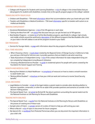 42AbilityPath.org
LOOKING FOR A COLLEGE
• Colleges with Programs for Students with Learning Disabilities – a list of colleges in the United States that pro-
vide programs for students with disabilities; includes links to the specific program pages on the college’s website
TRAVELING WITH YOUR CHILD
• Children with Disabilities – TSA travel information about their accommodations when you travel with your child
• Travelers with Disabilities or Medical Conditions – TSA travel information specific to travelers with autism or an
intellectual disability
SEEKING EMPLOYMENT
• Vocational Rehabilitation Agencies – a list of the VR agencies in each state
• “Getting the Most from VR” – an article that discusses how you can get the best out of VR agencies
• Best Buddies Programs – a master list of all the Best Buddies programs, specifically for colleges, high schools,
and middle schools around the world and a description of the different programs that Best Buddies offer (click
on your state in the left sidebar to see all the programs located in your state)
DAY PROGRAMS
• Services for Younger Adults – a page with information about the day programs offered by Easter Seals
FULL-TIME HOUSING
• When Choosing a Home – a work sheet created by the Regional Center of Orange County in California to help
you and your child look for full-time care; it provides questions that are helpful to ask when searching
• State Associations of Independent Living – a list of the contact information for state independent living cen-
ters compiled by Independent Living Research Utilization
• Choosing a Residential Service Provider – a guide to residential options for people with autism created by the
Foundation for Autism Support and Training
HEALTH AND MEDICAL CARE
• Moving from Pediatric to Adult Healthcare – a compilation of resources on how to create a smooth transition
to adult health care
• “Working While Disabled” – a brochure on how your child can work and continue to receive Social Security
benefits
LEGAL DECISIONS
• Legal Matters to Consider – a look at the legal matters a parent needs to consider when deciding whether to
become a guardian, conservator, or other for an adult child; provides questions and scenarios to consider in the
decision-making process
• The Special Needs Trust – an article by Richard W. Fee about questions surrounding the special needs trust for
the National Institute on Life Planning for Persons with Disabilities
TALKING WITH SIBLINGS
• The Special Needs Trust – a guide from the National Institute on Life Planning for Persons with Disabilities on
the process of creating one of these trusts
• Sample Letter of Intent – a sample version of a Letter of Intent to help you with writing your own
• What to Record – a list of topics to document for future caregivers
• My Special Life – a workbook from Protected Tomorrows where you can document the important information in
your child’s life
 