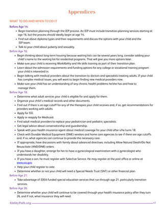 43AbilityPath.org
Appendices
WHAT TO DO AND WHEN TO DO IT
Before Age 14:
• Begin transition planning through the IEP process. An IEP must include transition-planning services starting at
age 16, but the process should ideally begin at age 14.
• Find out about diploma types and their requirements and discuss the options with your child and the
IEP team.
• Talk to your child about puberty and sexuality.
Before Age 16:
• Begin thinking about long-term housing because waiting lists can be several years long, consider adding your
child’s name to the waiting list for residential programs. That will give you more options later.
• Make sure your child is receiving WorkAbility and life skills training as part of their transition plan.
• Learn about the admission requirements and funding options for any college or vocational training program
your child is interested in.
• Begin talking with medical providers about the transition to doctors and specialists treating adults. If your child
has complex medical issues, you will want to begin finding new medical providers now.
• Make sure your child has an understanding of any chronic health problems he/she has and how to
manage them.
Before Age 18:
• Determine what adult services your child is eligible for and apply for them.
• Organize your child’s medical records and other documents.
• Find out if there is an age cutoff for any of the therapies your child receives and, if so, get recommendations for
providers working with adults.
• Apply for SSI.
• Apply or reapply for Medicaid.
• Find adult medical providers to replace your pediatrician and pediatric specialists.
• Get legal advice about conservatorship and guardianship.
• Speak with your health insurance agent about medical coverage for your child after s/he turns 18.
• Check with Durable Medical Equipment (DME) vendors and home care agencies to see if there are age cutoffs
and, if so, what agencies can continue to provide the necessary care.
• If appropriate, have discussions with family about advanced directives, including Allow Natural Death/Do Not
Resuscitate (AND/DNR) orders.
• If you have a daughter, arrange for her to have a gynecological examination with a gynecologist who
understands her disability.
• If you have a son, he must register with Selective Service. He may register at the post office or online at
www.sss.gov.
• Help your child register to vote.
• Determine whether or not your child will need a Special Needs Trust (SNT) or other financial plan.
Before Age 21:
• Take advantage of IDEA-funded special education services that run through age 21, particularly transition
services.
Before Age 26:
• Determine whether your child will continue to be covered through your health insurance policy after they turn
26, and if not, what insurance they will need.
 