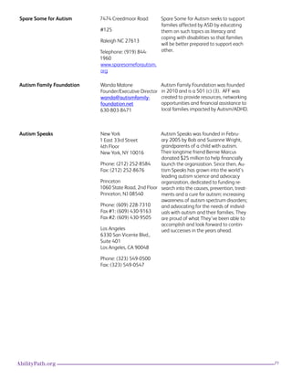 71AbilityPath.org
Spare Some for Autism 7474 Creedmoor Road
#125
Raleigh NC 27613
Telephone: (919) 844-
1960
www.sparesomeforautism.
org
Spare Some for Autism seeks to support
families affected by ASD by educating
them on such topics as literacy and
coping with disabilities so that families
will be better prepared to support each
other.
Autism Family Foundation Wanda Malone
Founder/Executive Director
wanda@autismfamily-
foundation.net
630-803-8471
Autism Family Foundation was founded
in 2010 and is a 501 (c) (3).  AFF was
created to provide resources, networking
opportunities and financial assistance to
local families impacted by Autism/ADHD.
Autism Speaks New York
1 East 33rd Street
4th Floor
New York, NY 10016
Phone: (212) 252-8584
Fax: (212) 252-8676
Princeton
1060 State Road, 2nd Floor
Princeton, NJ 08540
Phone: (609) 228-7310
Fax #1: (609) 430-9163
Fax #2: (609) 430-9505
Los Angeles
6330 San Vicente Blvd.,
Suite 401
Los Angeles, CA 90048
Phone: (323) 549-0500
Fax: (323) 549-0547
Autism Speaks was founded in Febru-
ary 2005 by Bob and Suzanne Wright,
grandparents of a child with autism.
Their longtime friend Bernie Marcus
donated $25 million to help financially
launch the organization. Since then, Au-
tism Speaks has grown into the world’s
leading autism science and advocacy
organization, dedicated to funding re-
search into the causes, prevention, treat-
ments and a cure for autism; increasing
awareness of autism spectrum disorders;
and advocating for the needs of individ-
uals with autism and their families. They
are proud of what They’ve been able to
accomplish and look forward to contin-
ued successes in the years ahead.
 