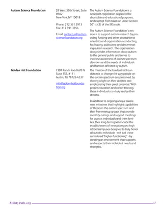 72AbilityPath.org
Autism Science Foundation 28 West 39th Street, Suite
#502
New York, NY 10018
 
Phone: 212 391 3913
Fax: 212 391 3954
Email: contactus@autism-
sciencefoundation.org
The Autism Science Foundation is a
nonprofit corporation organized for
charitable and educational purposes,
and exempt from taxation under section
501(c)(3) of the IRS code.
The Autism Science Foundation’s mis-
sion is to support autism research by pro-
viding funding and other assistance to
scientists and organizations conducting,
facilitating, publicizing and disseminat-
ing autism research. The organization
also provides information about autism
to the general public and serves to
increase awareness of autism spectrum
disorders and the needs of individuals
and families affected by autism.
Golden Hat Foundation 7301 Ranch Road 620 N
Suite 155, #111
Austin, TX 78726-4537
info@goldenhatfounda-
tion.org
The mission of the Golden Hat Foun-
dation is to change the way people on
the autism spectrum are perceived, by
shining a light on their abilities and
emphasizing their great potential. With
proper education and career training,
these individuals can truly realize their
dreams. 
In addition to ongoing unique aware-
ness initiatives that highlight capabilities
of those on the autism spectrum and
their free meetup groups that provide
monthly outings and support meetings
for autistic individuals and their fami-
lies, their long-term goals include the
establishment of innovative post-high
school campuses designed to truly honor
all autistic individuals - not just those
considered “higher-functioning” - by
creating an environment that supports
and respects their individual needs and
strengths.
 