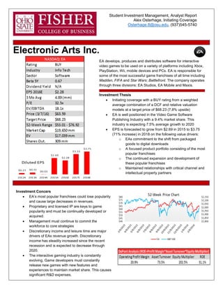 Student Investment Management, Analyst Report
Alex Osterhage, Initiating Coverage
Osterhage.8@osu.edu, (937)545-5740
Electronic Arts Inc.
Investment Concers
 EA’s most popular franchises could lose popularity
and cause large decreases in revenues.
 Proprietary and licensed IP are keys to game
popularity and must be continually developed or
acquired.
 Management must continue to commit the
workforce to core strategies
 Discretionary income and leisure time are major
drivers of EAs revenue growth. Discretionary
income has steadily increased since the recent
recession and is expected to decrease through
2020.
 The interactive gaming industry is constantly
evolving. Game developers must constantly
release new games with new features and
experiences to maintain market share. This causes
significant R&D expenses.
EA develops, produces and distributes software for interactive
video games to be used on a variety of platforms including Xbox,
PlayStation, Wii, mobile devices and PCs. EA is responsible for
some of the most successful game franchises of all time including
Madden, FIFA and Star Wars: Battlefront. The company operates
through three divisions: EA Studios, EA Mobile and Maxis.
Investment Thesis
 Initiating coverage with a BUY rating from a weighted
average combination of a DCF and relative valuation
models at a target price of $68.23 (7.8% upside)
 EA is well positioned in the Video Game Software
Publishing Industry with a 9.4% market share. This
industry is expecting 7.5% average growth to 2020
 EPS is forecasted to grow from $2.69 in 2015 to $3.75
(71% increase) in 2018 on the following value drivers:
o EAs commitment to the shift from packaged
goods to digital downloads
o A focused product portfolio consisting of the most
popular franchises
o The continued expansion and development of
these popular franchises
o Maintained relationships with critical channel and
intellectual property partners
 